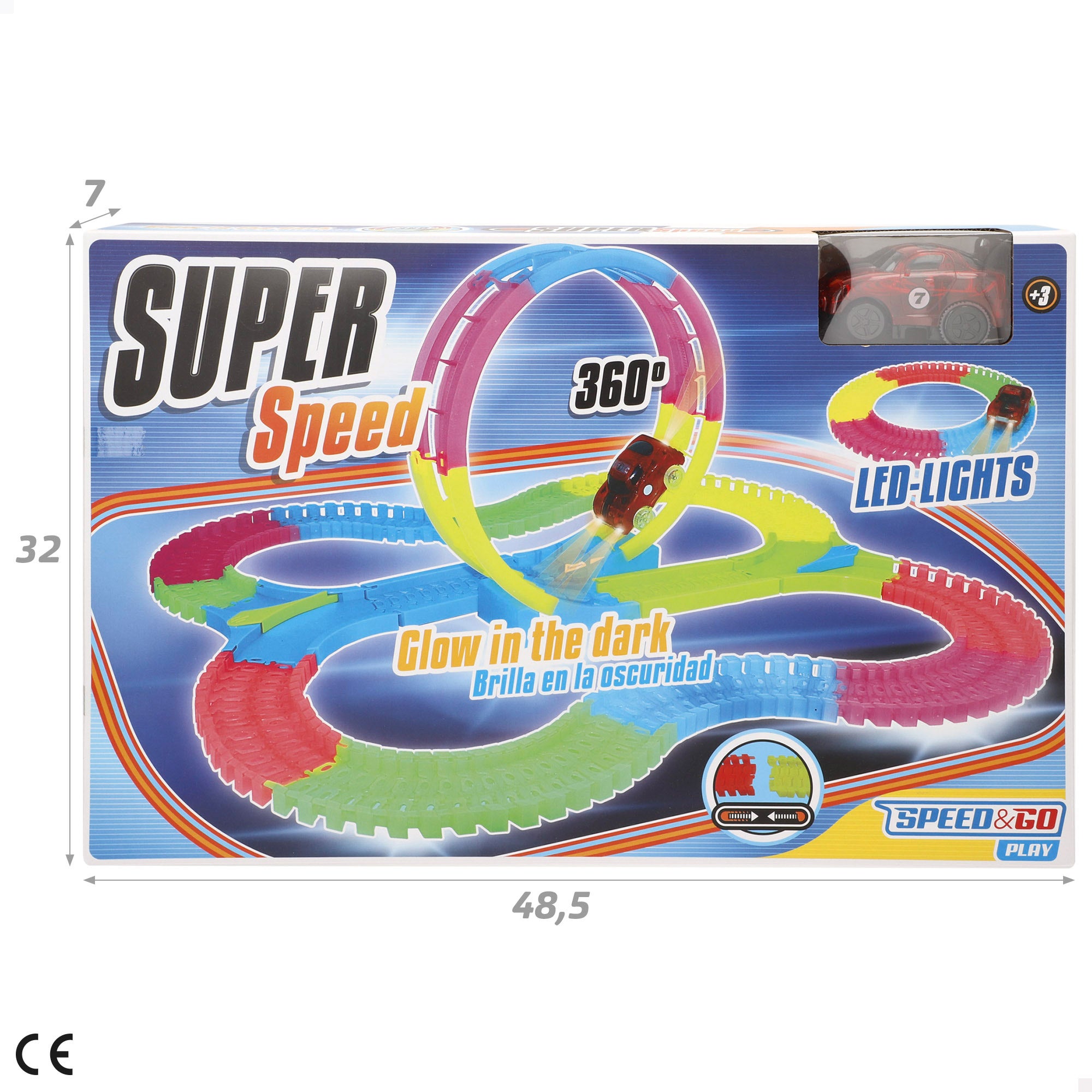 Pista de coches que brilla en la oscuridad 131 piezas Speed & Go