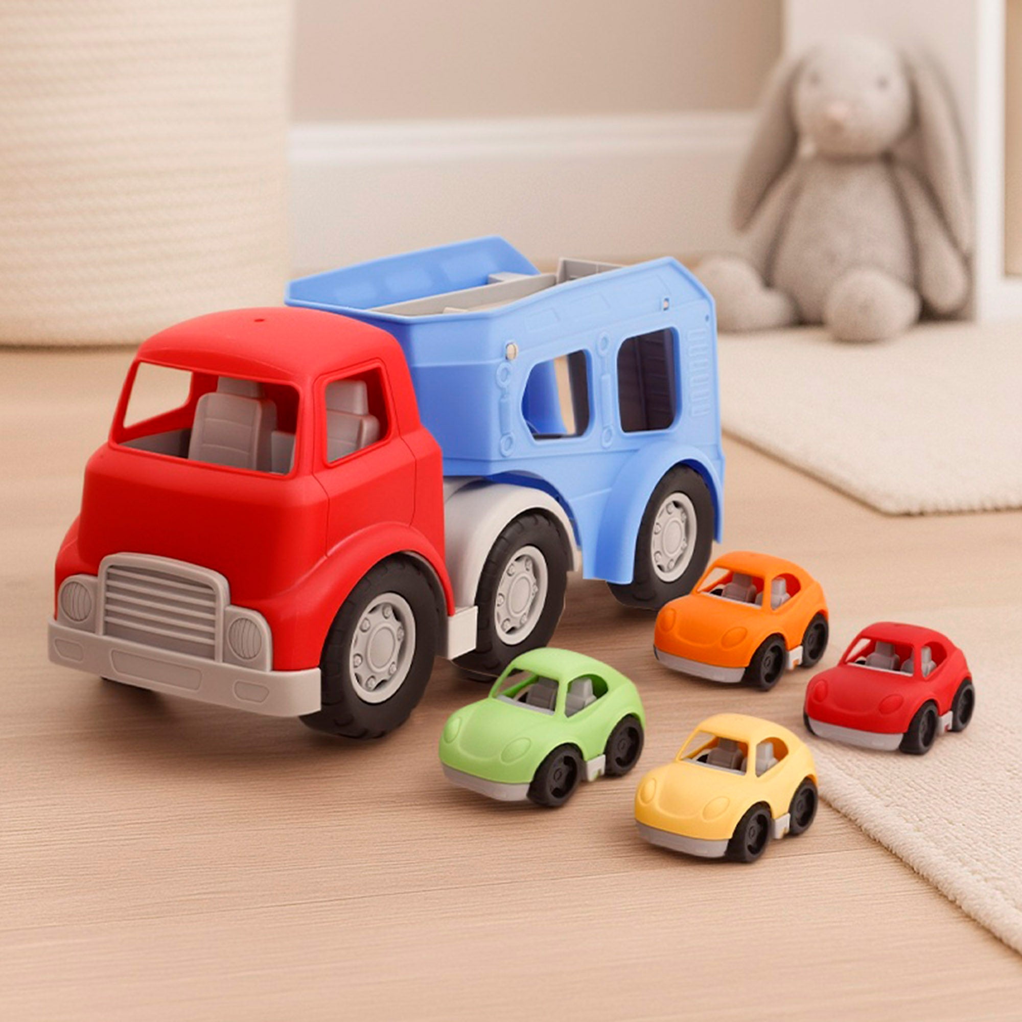 PLAY Camión infantil de juguete transportador con rampa y 4 coches