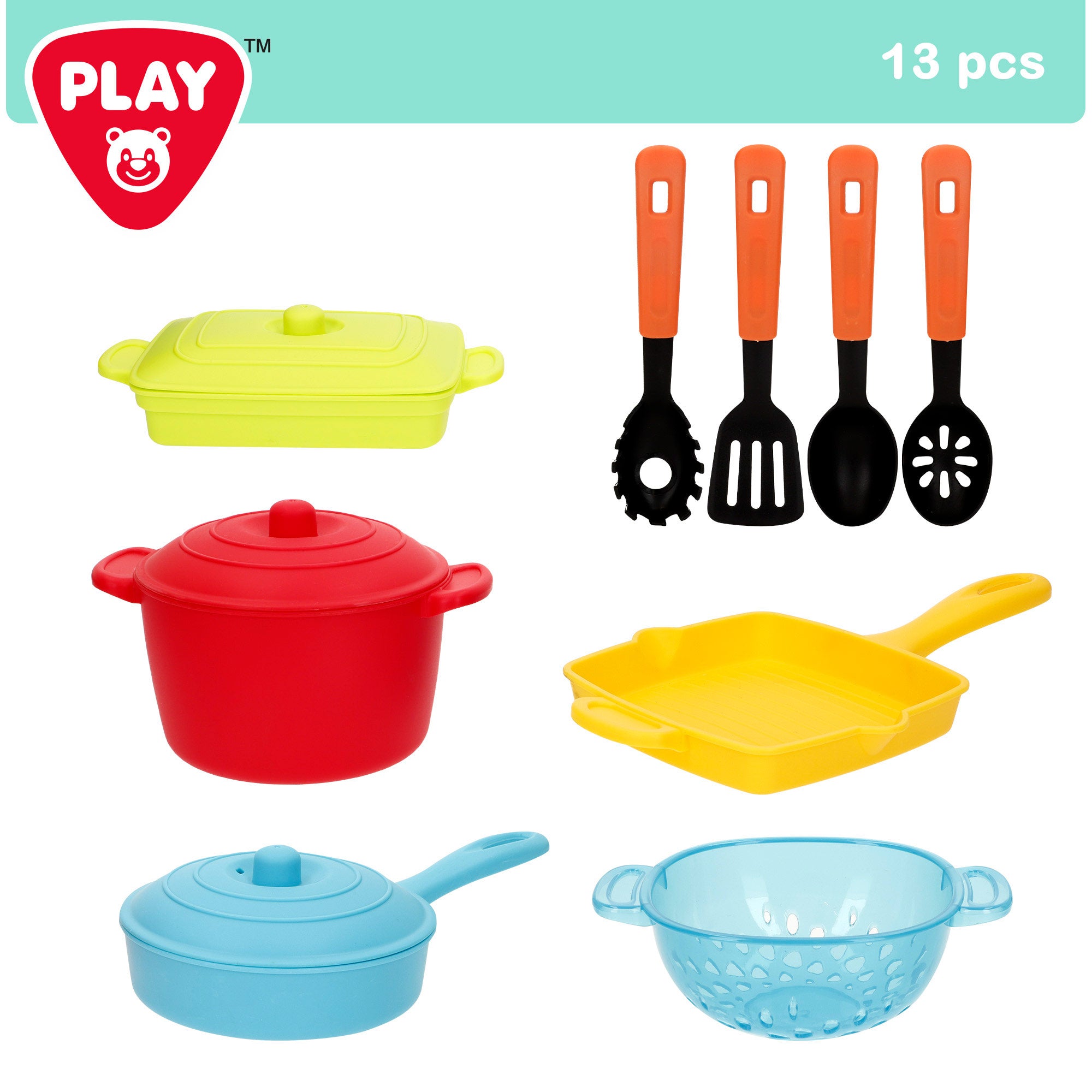 PLAY Set de cocina infantil 13 piezas con ollas, sartén, colador y utensilios