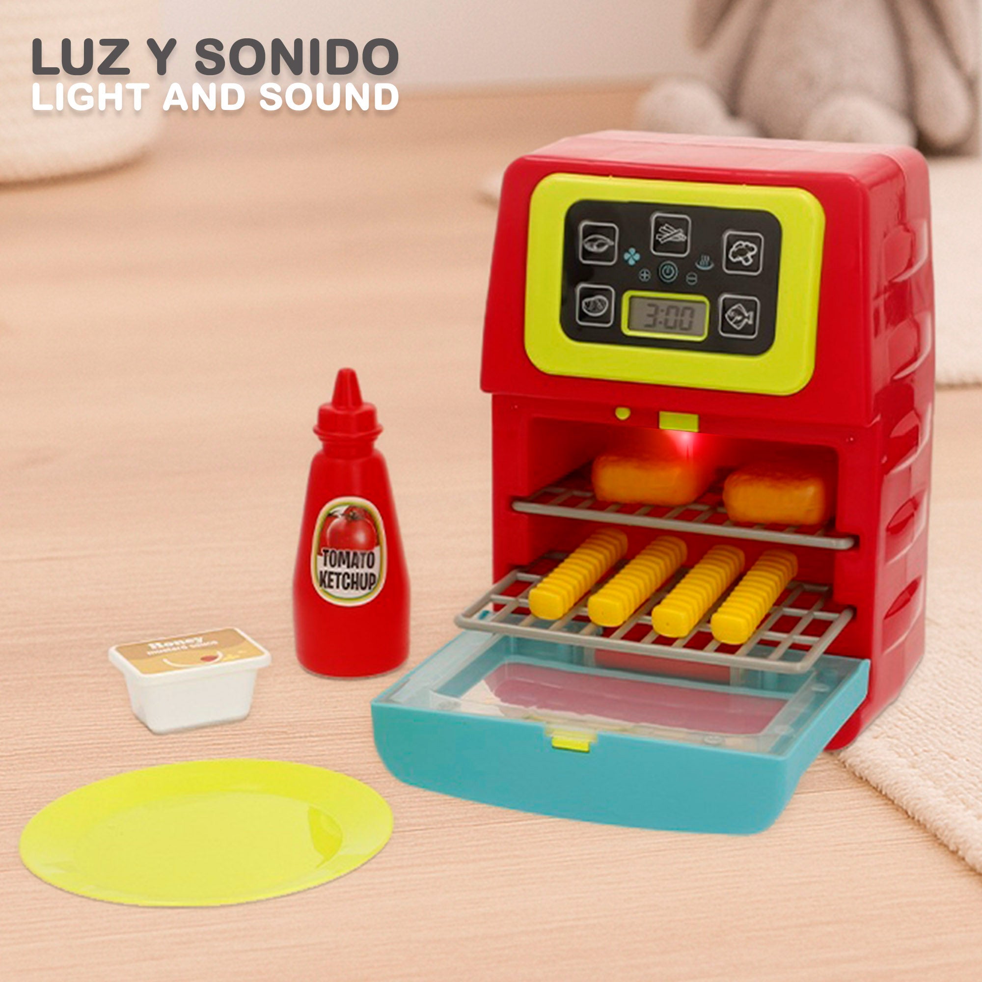 PLAY Freidora aire eléctrica de juguete con 14 piezas luces y sonidos