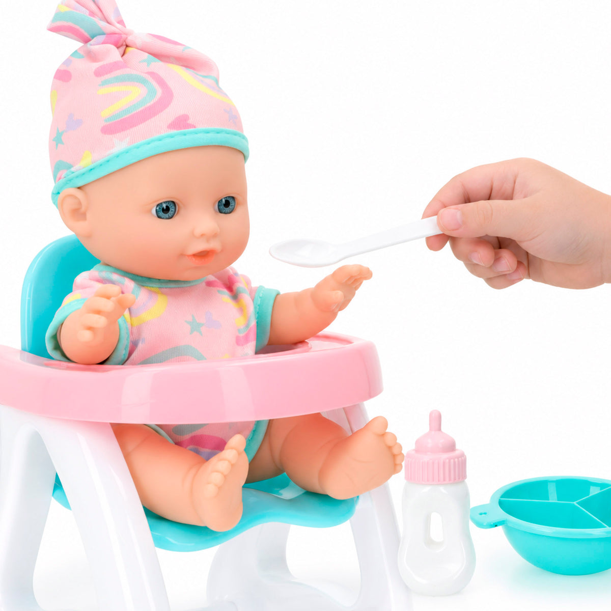 Set muñeco bebé 20 cm con trona, balancín y cuna Colorbaby's