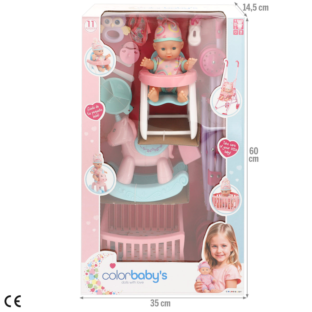 Set muñeco bebé 20 cm con trona, balancín y cuna Colorbaby's