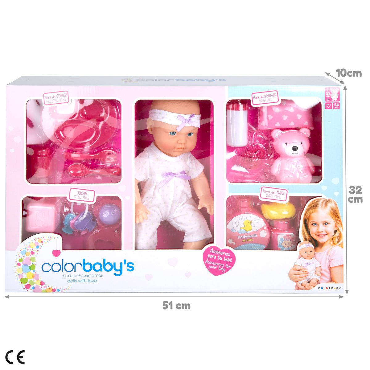 Muñeca bebé 32 cm con accesorios + 24 meses Colorbaby's