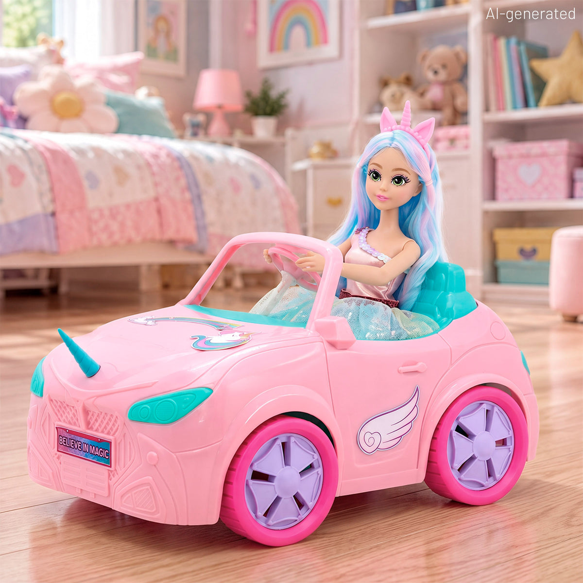 Muñeca princesa unicornio con coche + 3 años Dreameez