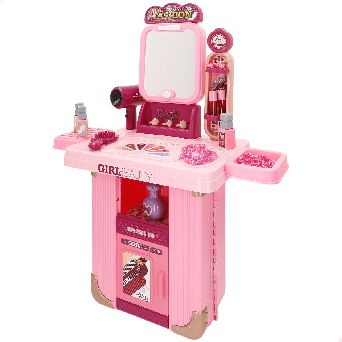 Tocador de viaje infantil 2 en 1 con maleta trolley, accesorios de belleza, luz y sonido Beauty Love