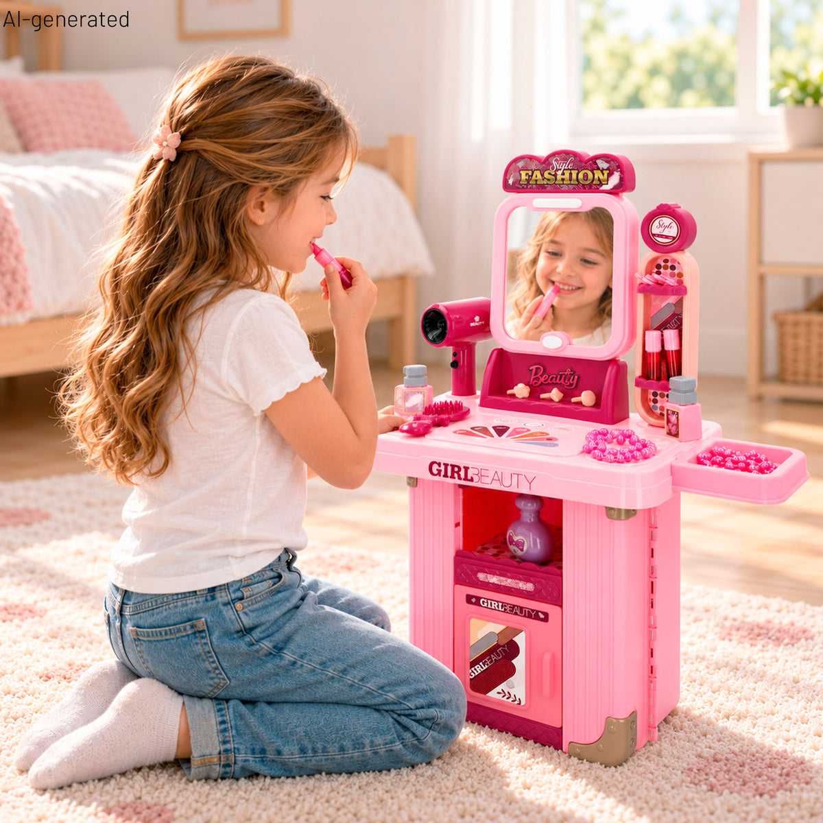 Tocador de viaje infantil 2 en 1 con maleta trolley, accesorios de belleza, luz y sonido Beauty Love