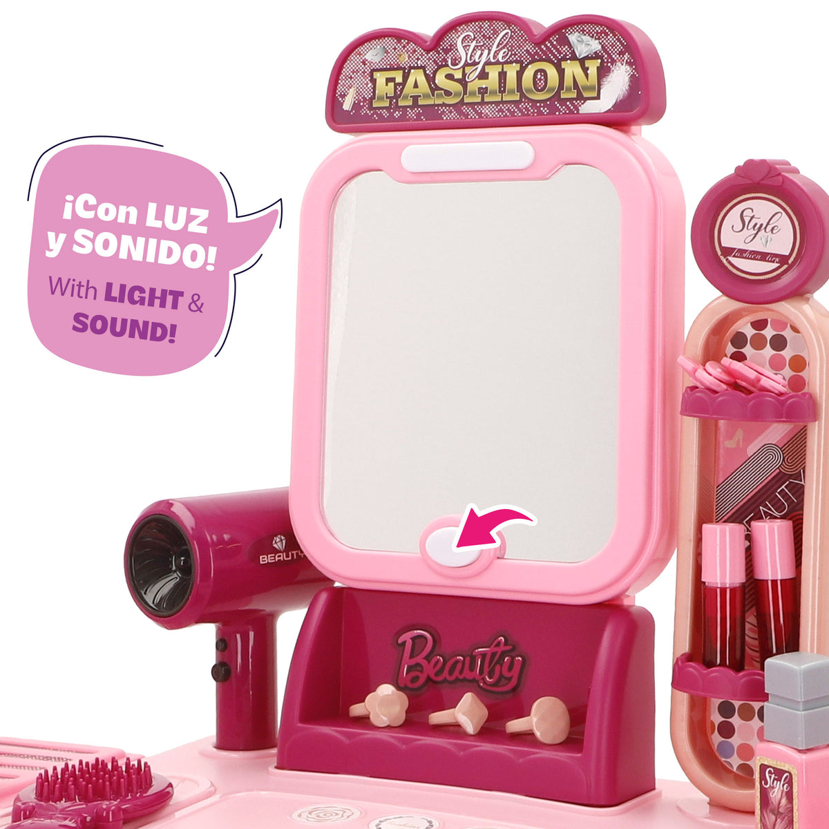Tocador de viaje infantil 2 en 1 con maleta trolley, accesorios de belleza, luz y sonido Beauty Love