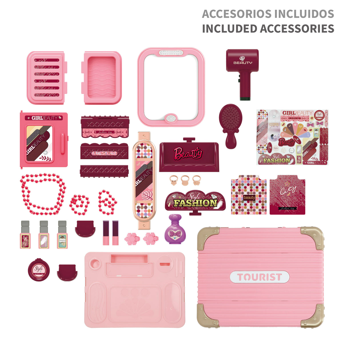 Tocador de viaje infantil 2 en 1 con maleta trolley, accesorios de belleza, luz y sonido Beauty Love