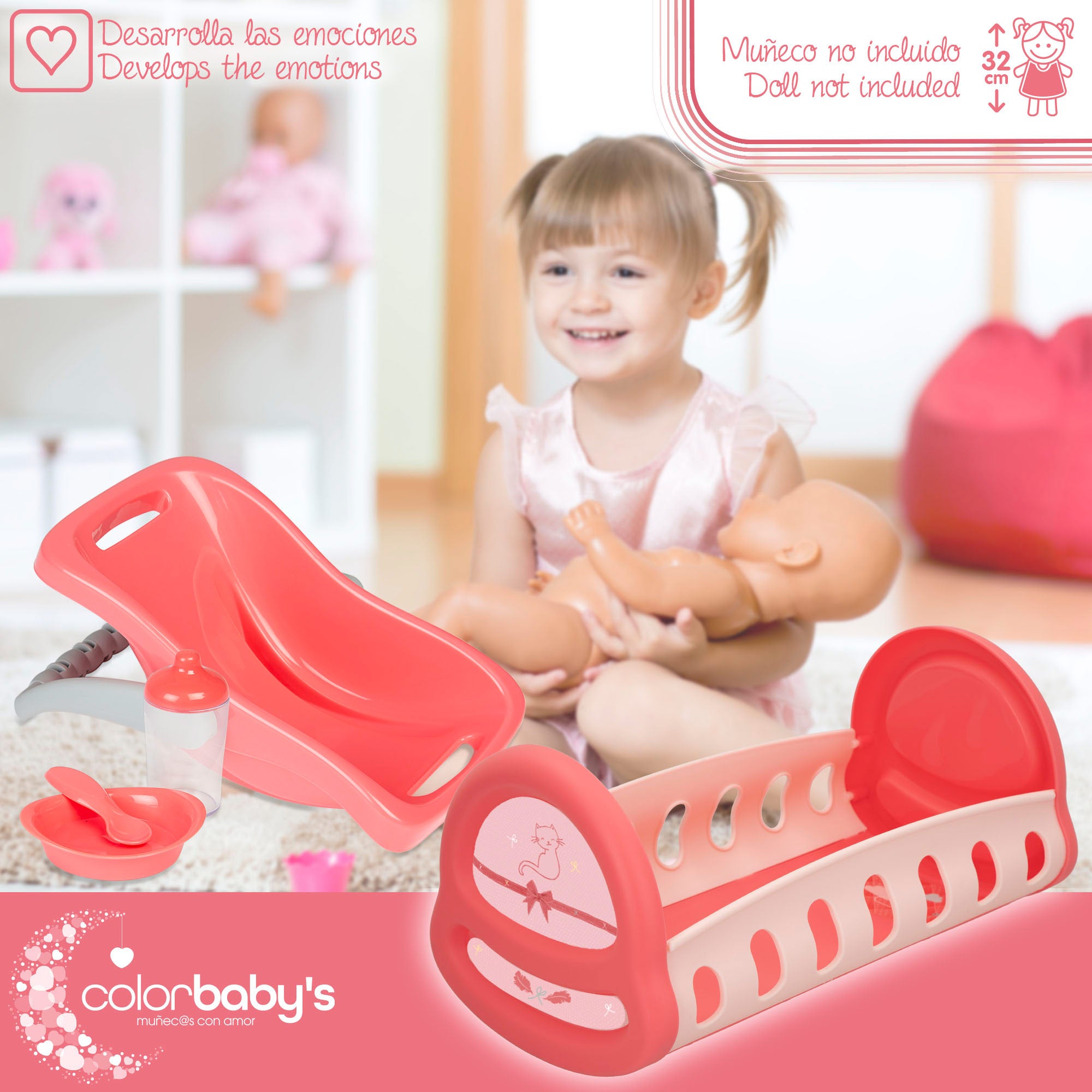 Cuna y portabebés para muñecas con accesorios Colorbaby's