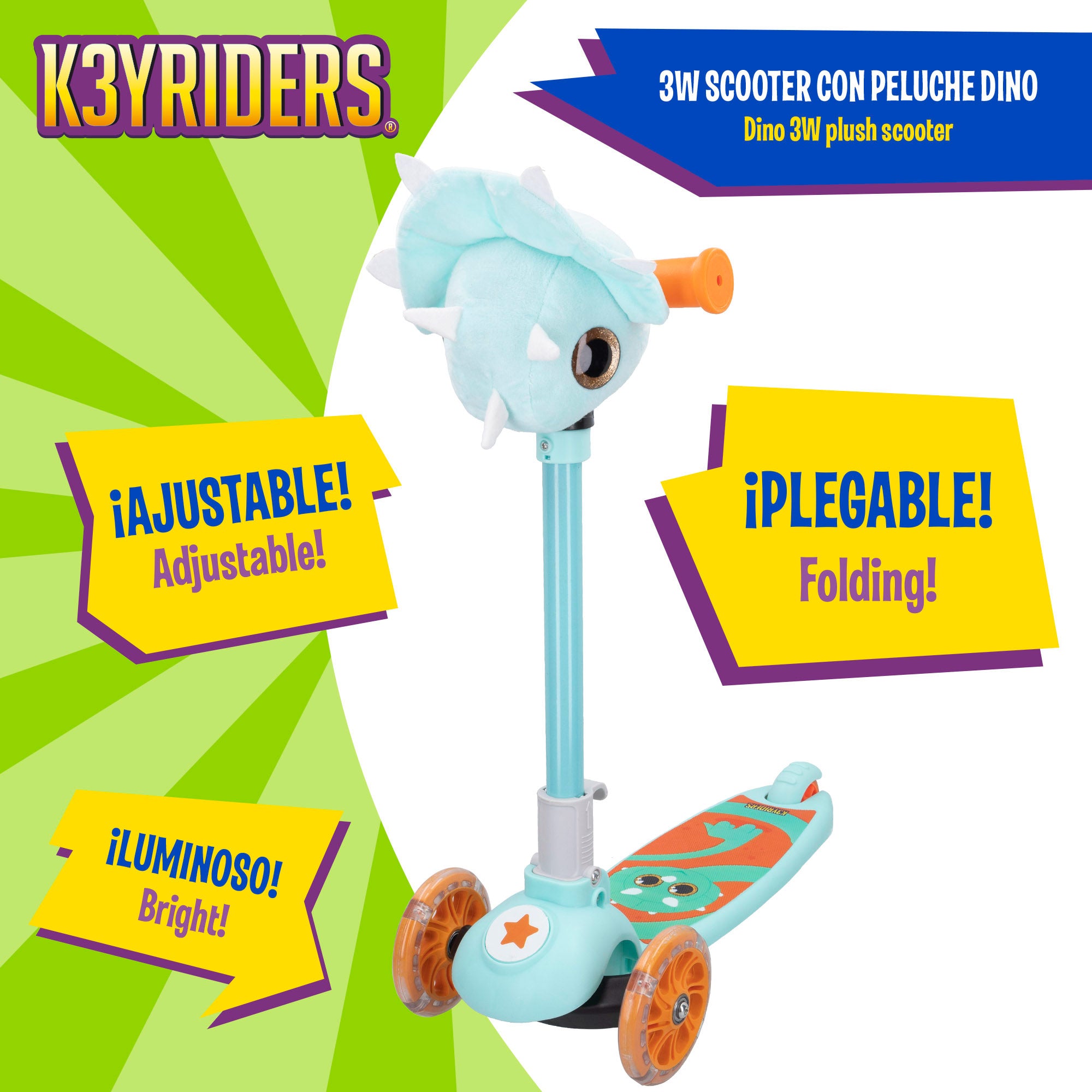 Patinete 3 ruedas dinosaurio plegable con luces y peluche K3YRIDERS
