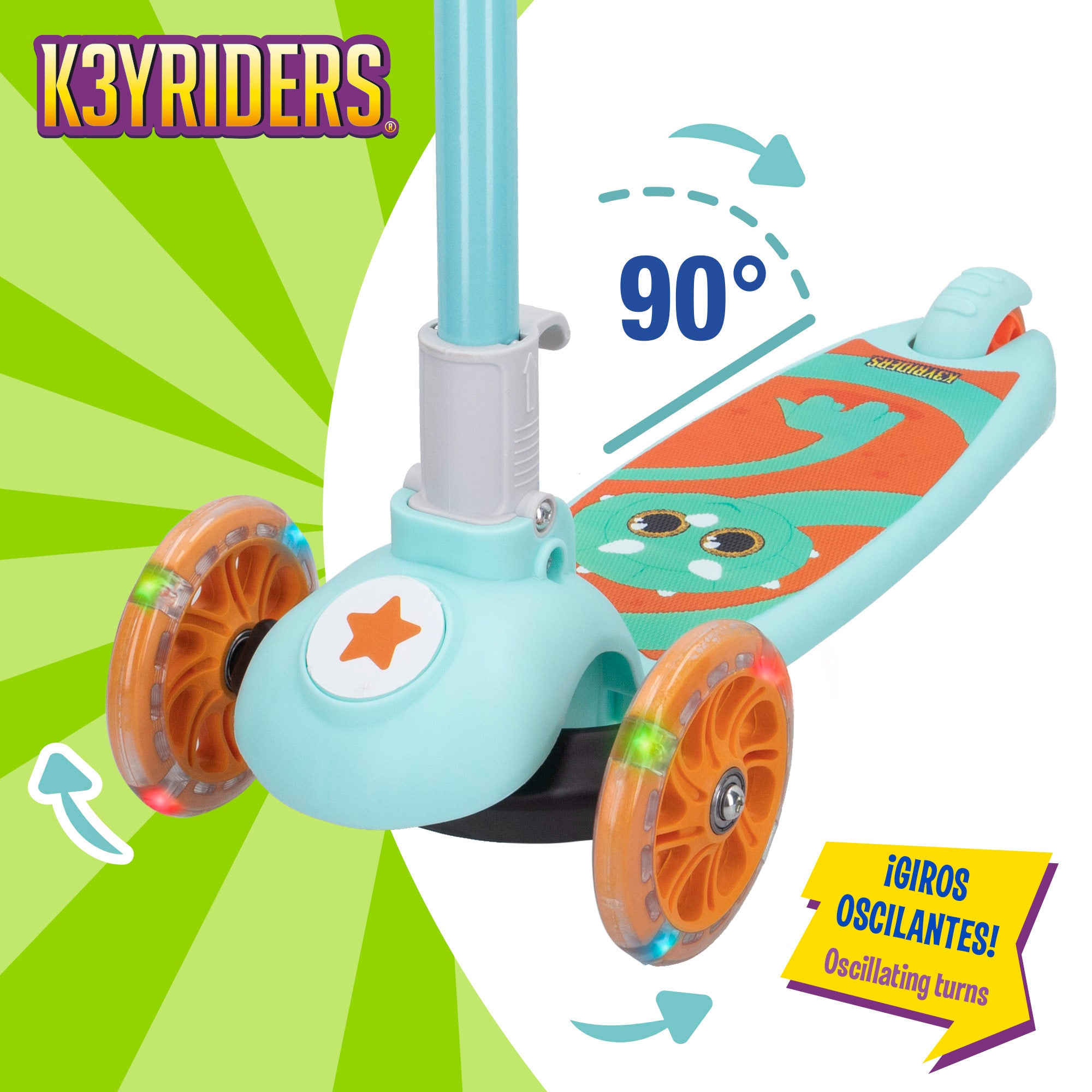 Patinete 3 ruedas dinosaurio plegable con luces y peluche K3YRIDERS
