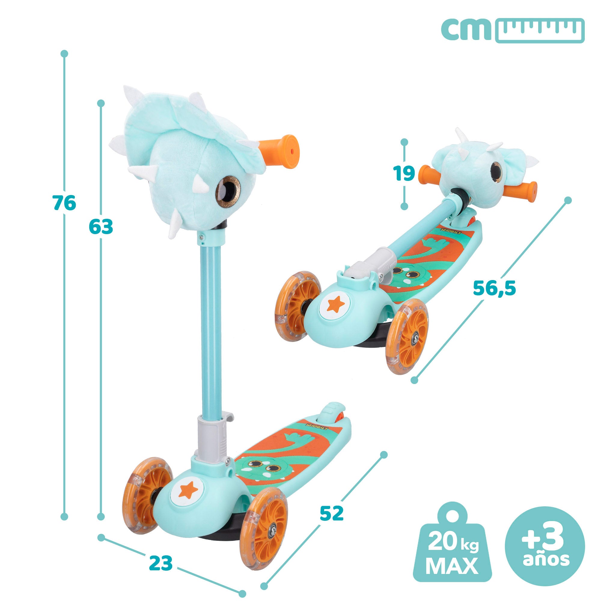 Patinete 3 ruedas dinosaurio plegable con luces y peluche K3YRIDERS