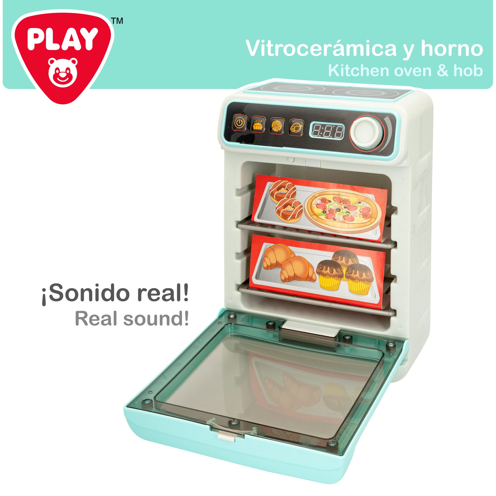 PLAY Mini horno de juguete con vitrocerámica, luz y sonido