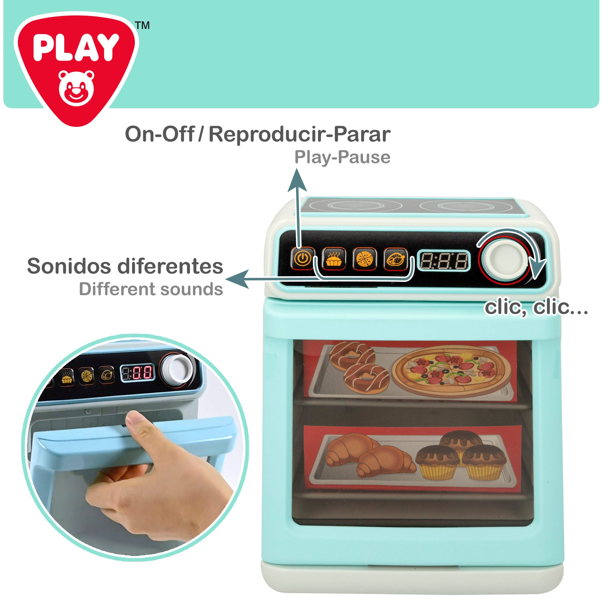 PLAY Mini horno de juguete con vitrocerámica, luz y sonido