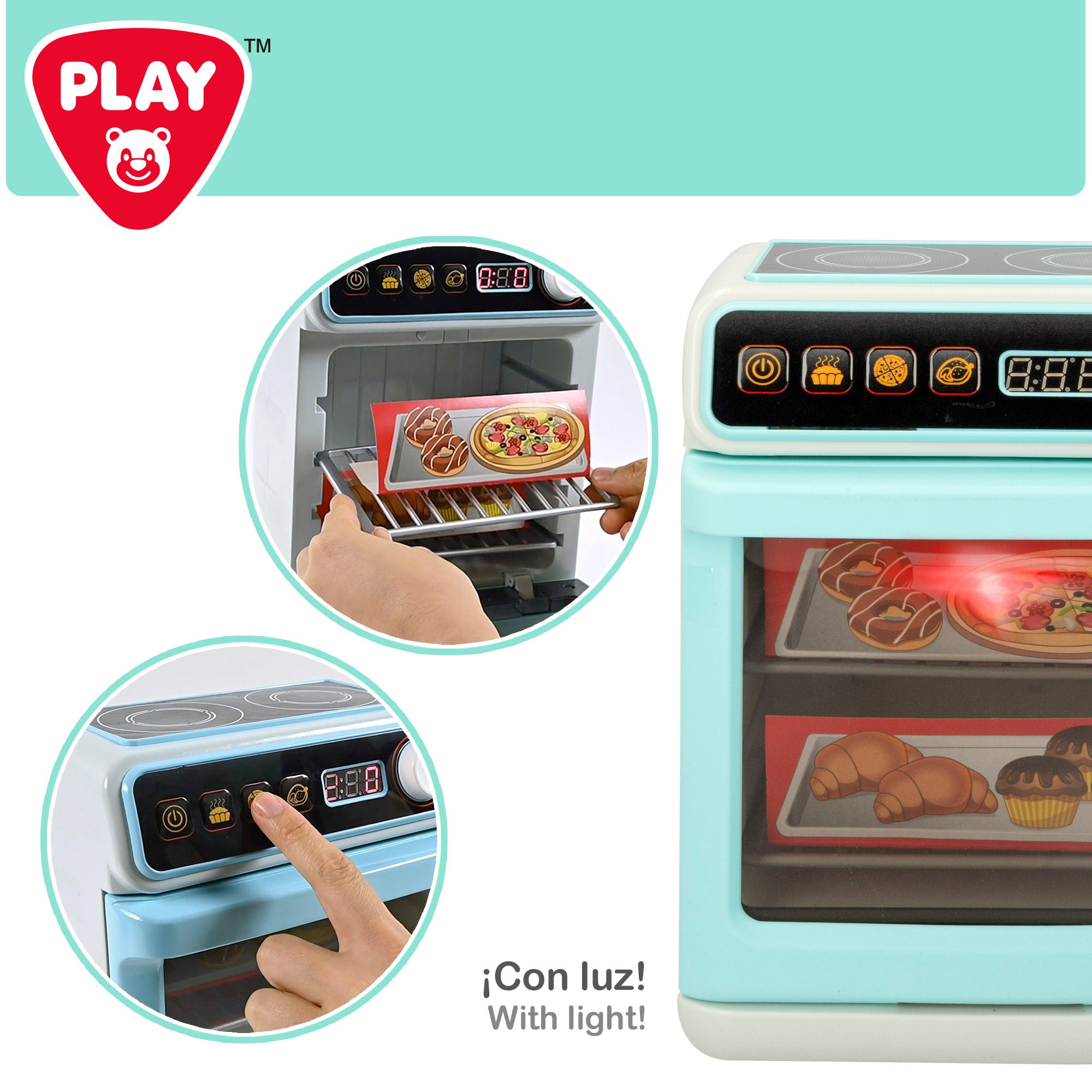 PLAY Mini horno de juguete con vitrocerámica, luz y sonido