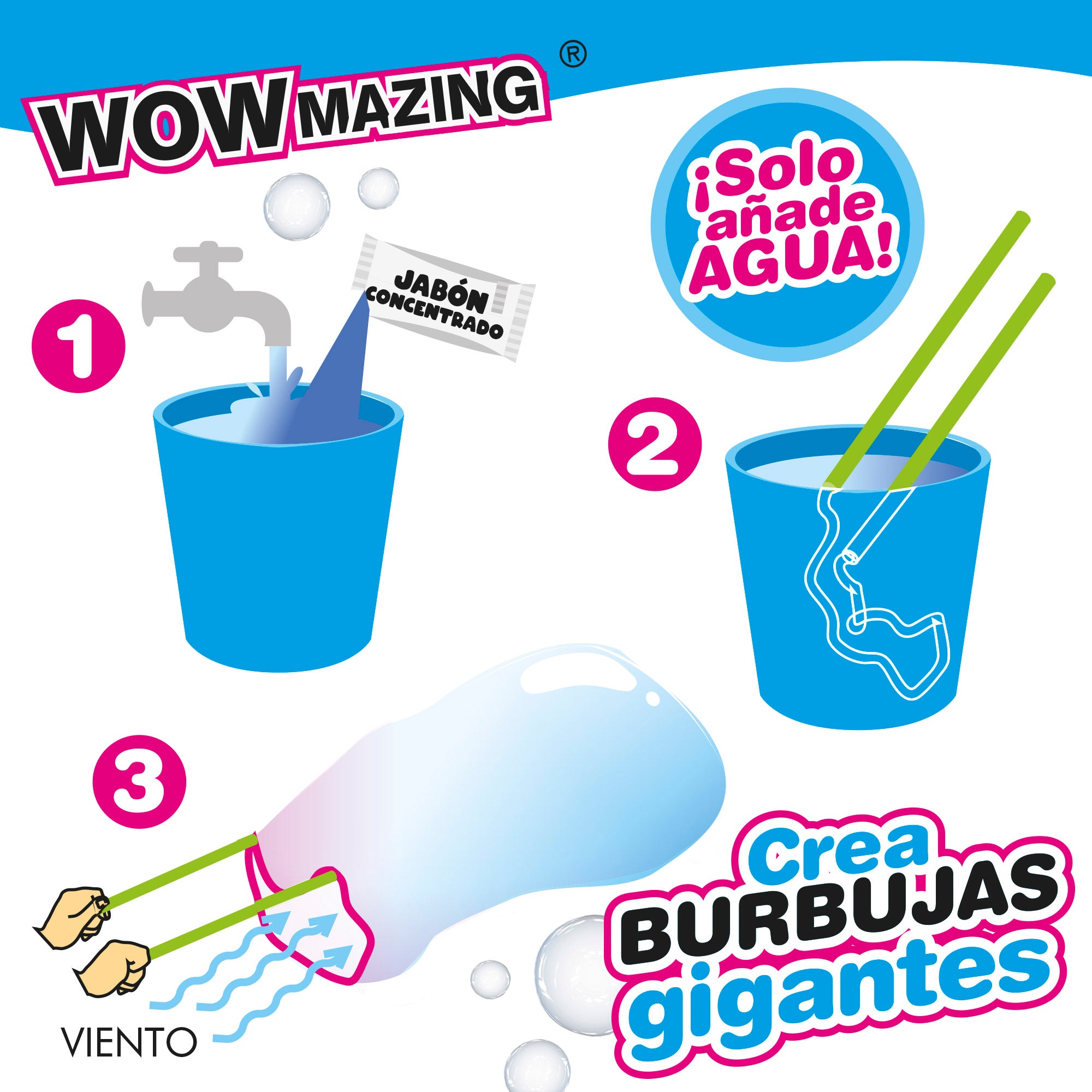WOWmazing Kit burbujas gigantes con 2 sobres jabón concentrado