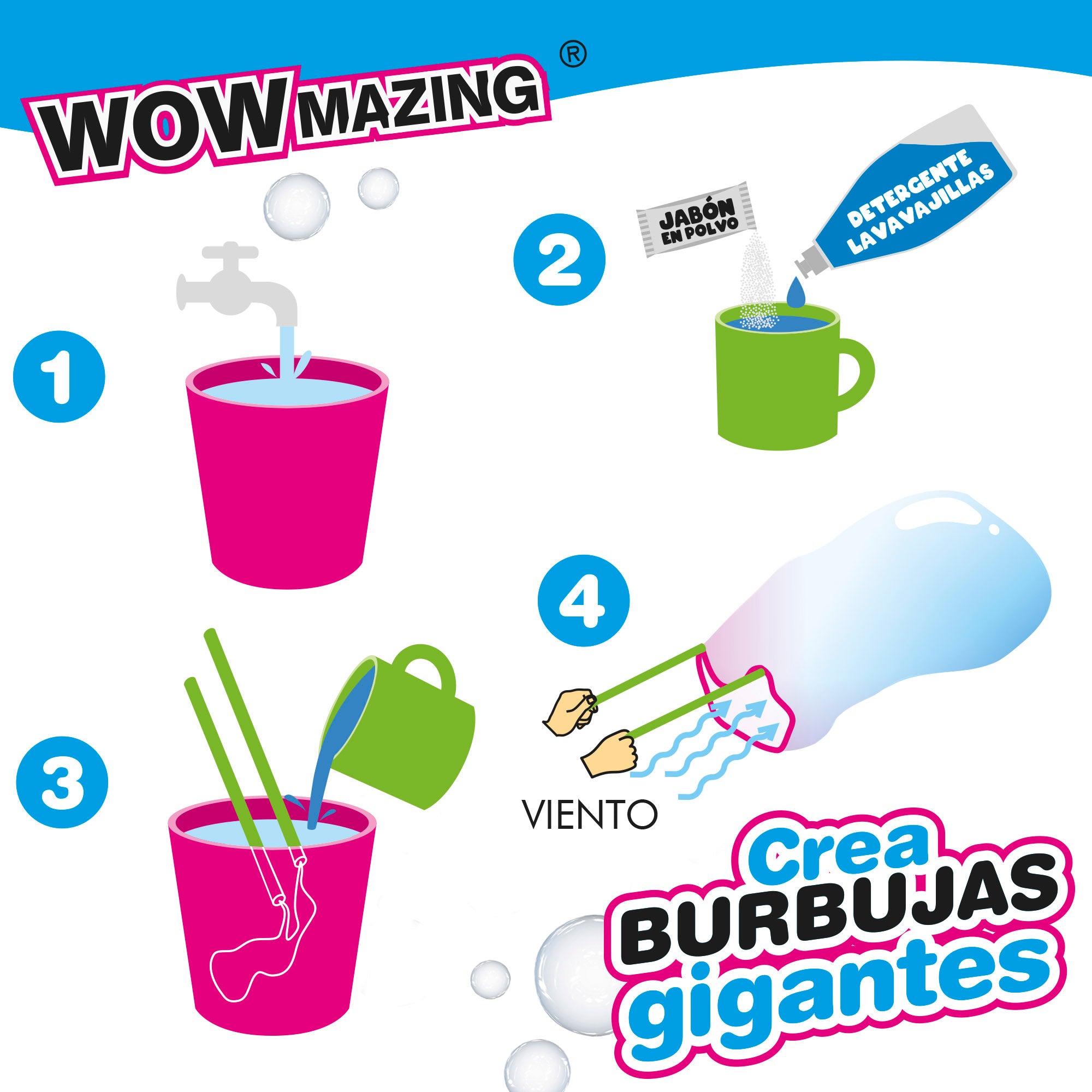 WOWmazing Kit burbujas gigantes con 1 sobre jabón en polvo
