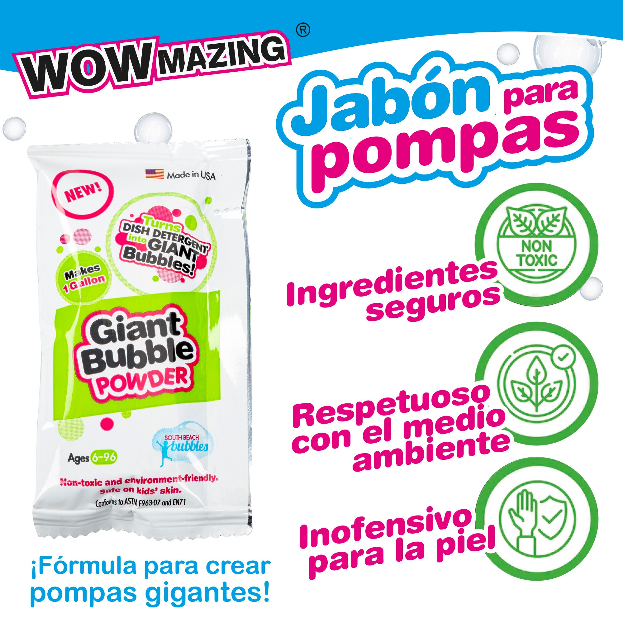 WOWmazing Kit burbujas gigantes con 3 sobres jabón en polvo