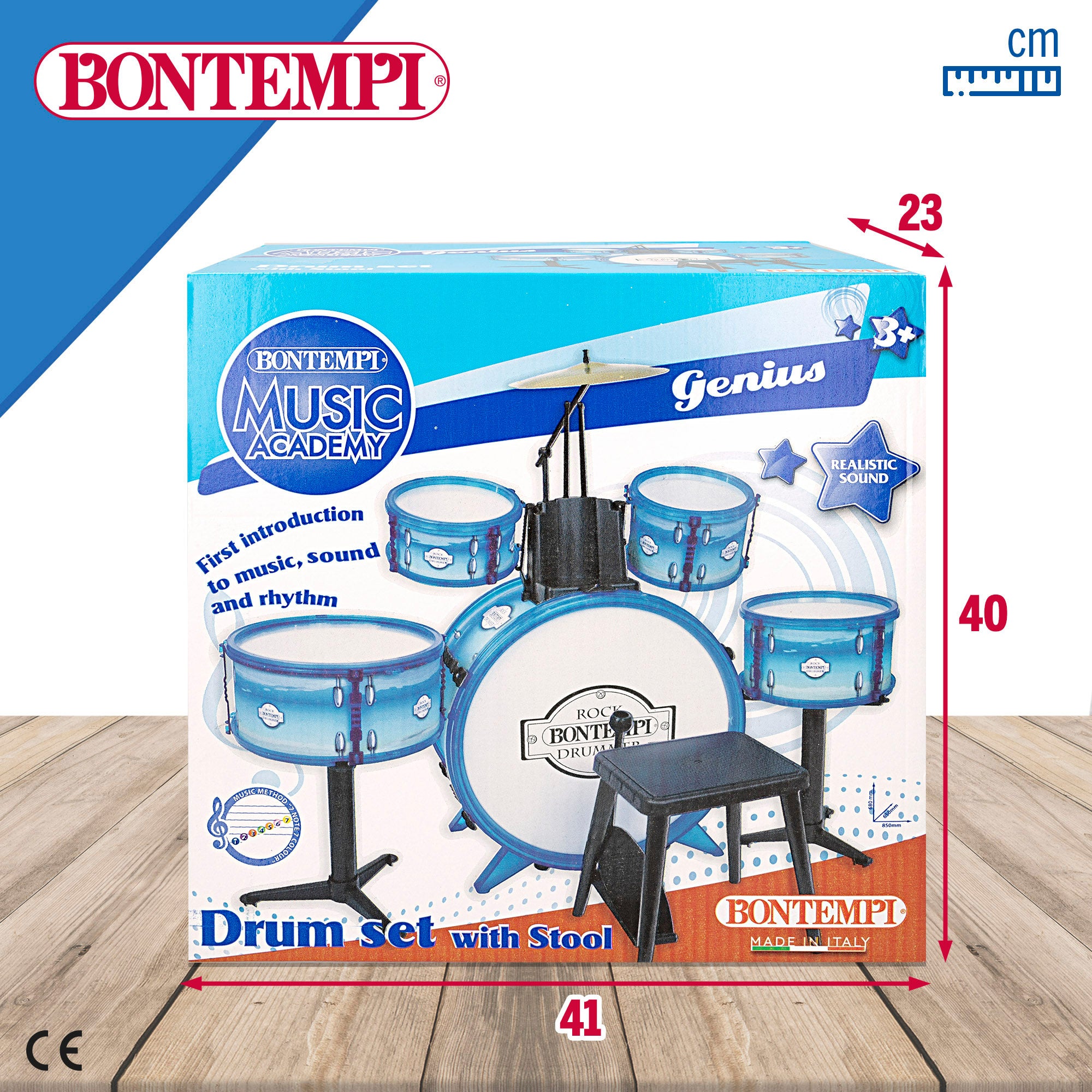 Batería musical infantil azul 5 tambores con taburete Bontempi