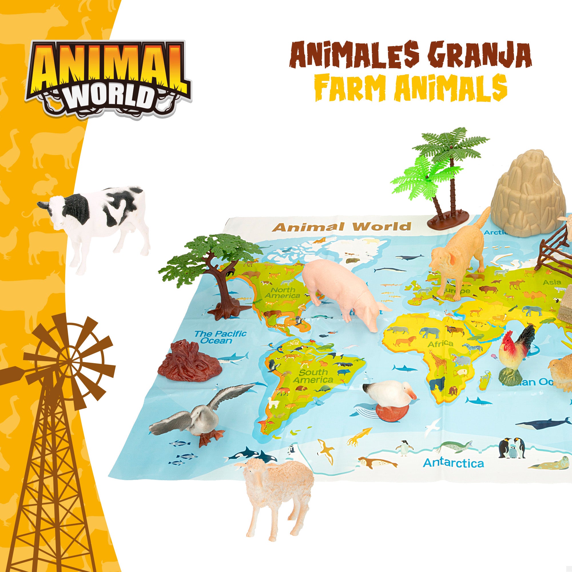 Set animales de la granja con mapa del mundo y accesorios 19 pzas. Animal World