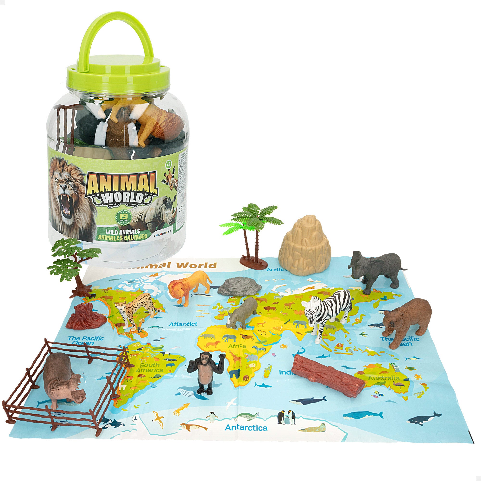 Set animales jungla con mapa del mundo y accesorios 19 pzas. Animal World