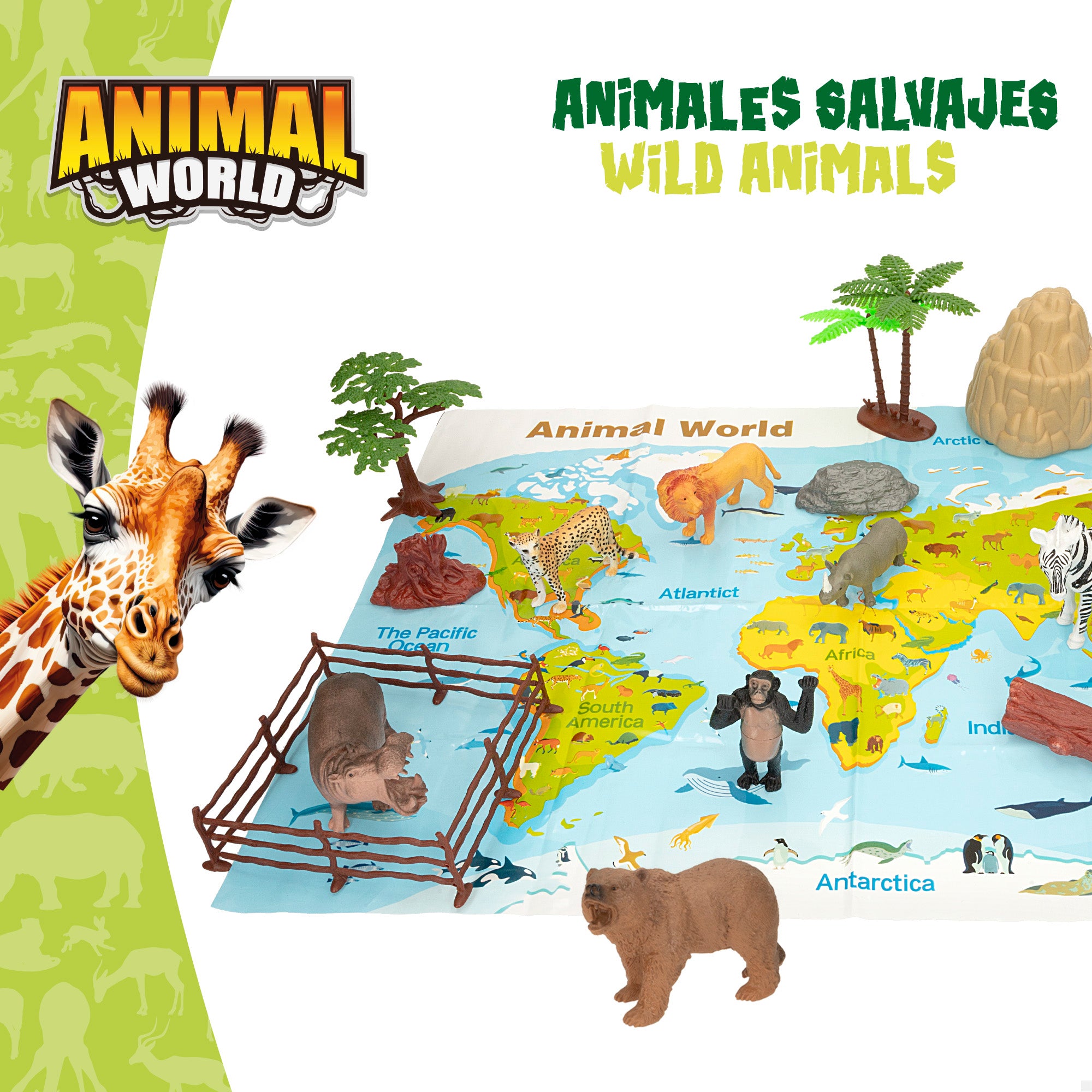 Set animales jungla con mapa del mundo y accesorios 19 pzas. Animal World