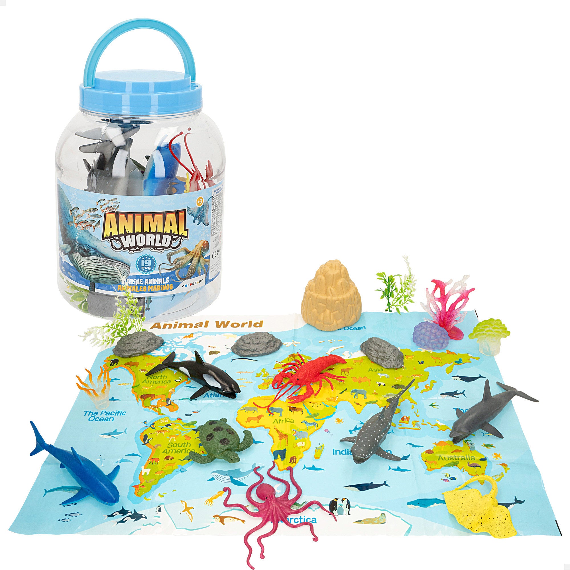 Set animales marinos con mapa del mundo y accesorios 19 pzas. Animal World