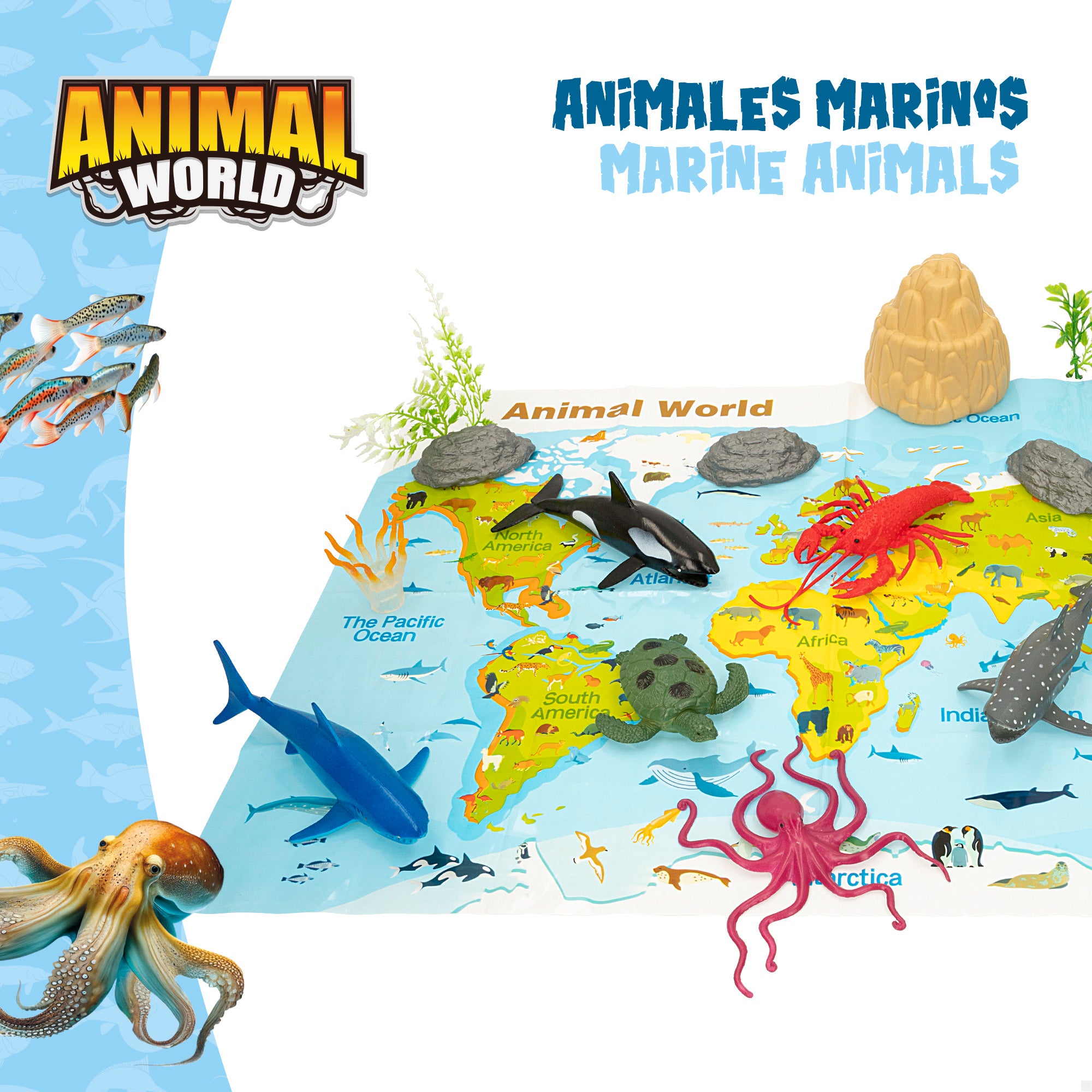 Set animales marinos con mapa del mundo y accesorios 19 pzas. Animal World