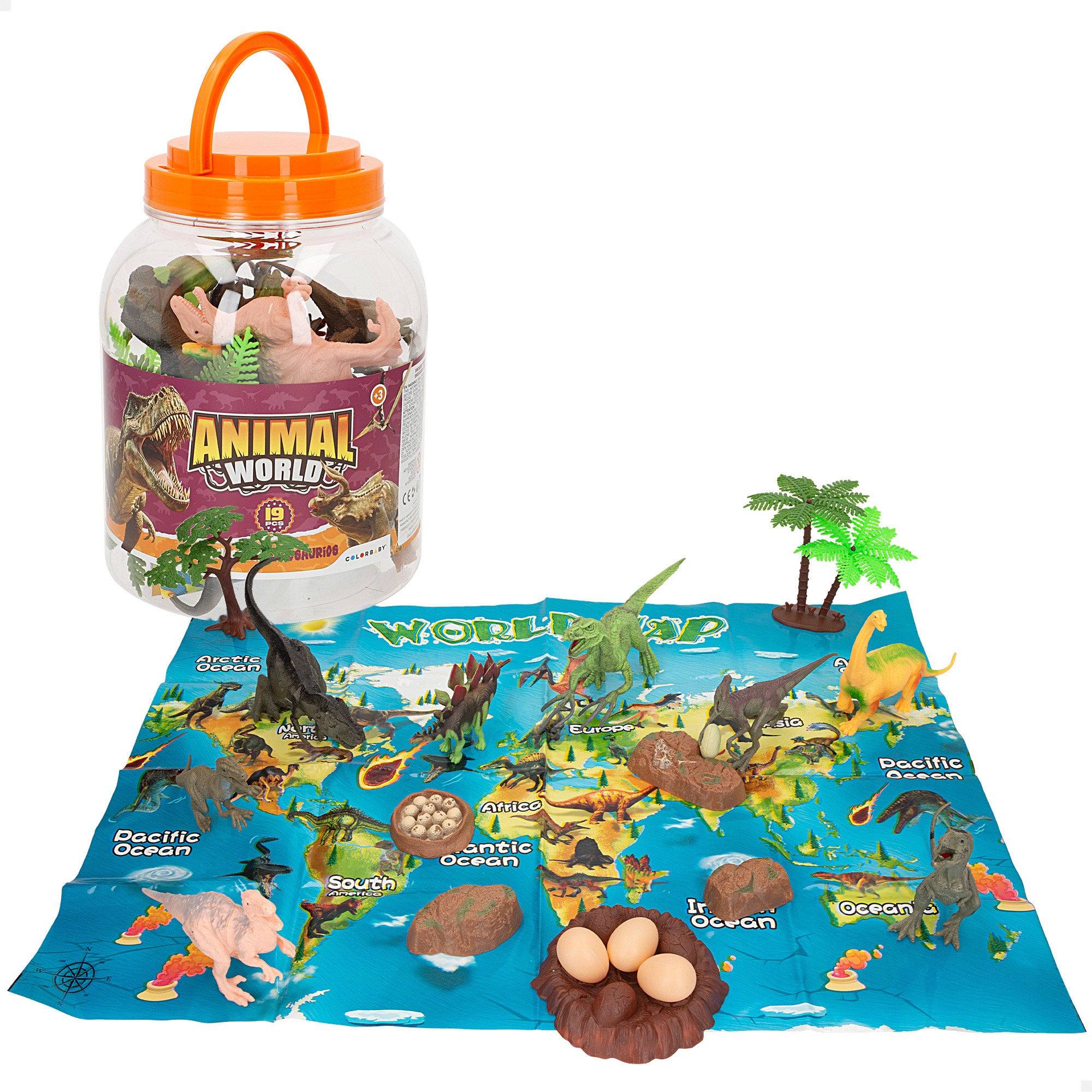 Set dinosaurios con mapa del mundo y accesorios 19 pzas. Animal World