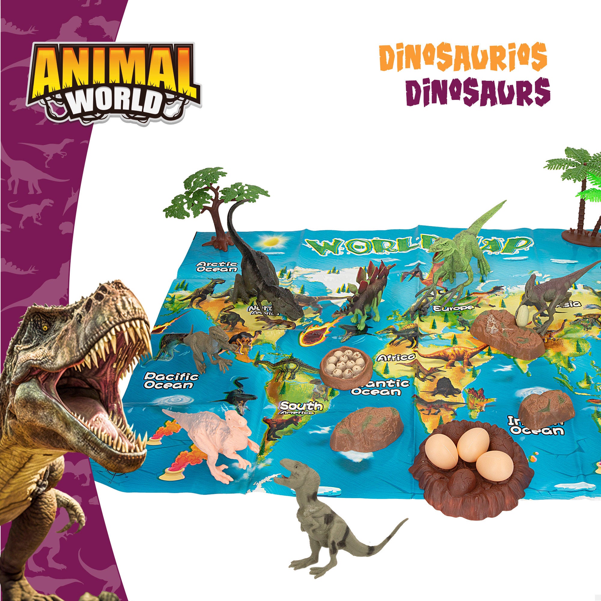 Set dinosaurios con mapa del mundo y accesorios 19 pzas. Animal World
