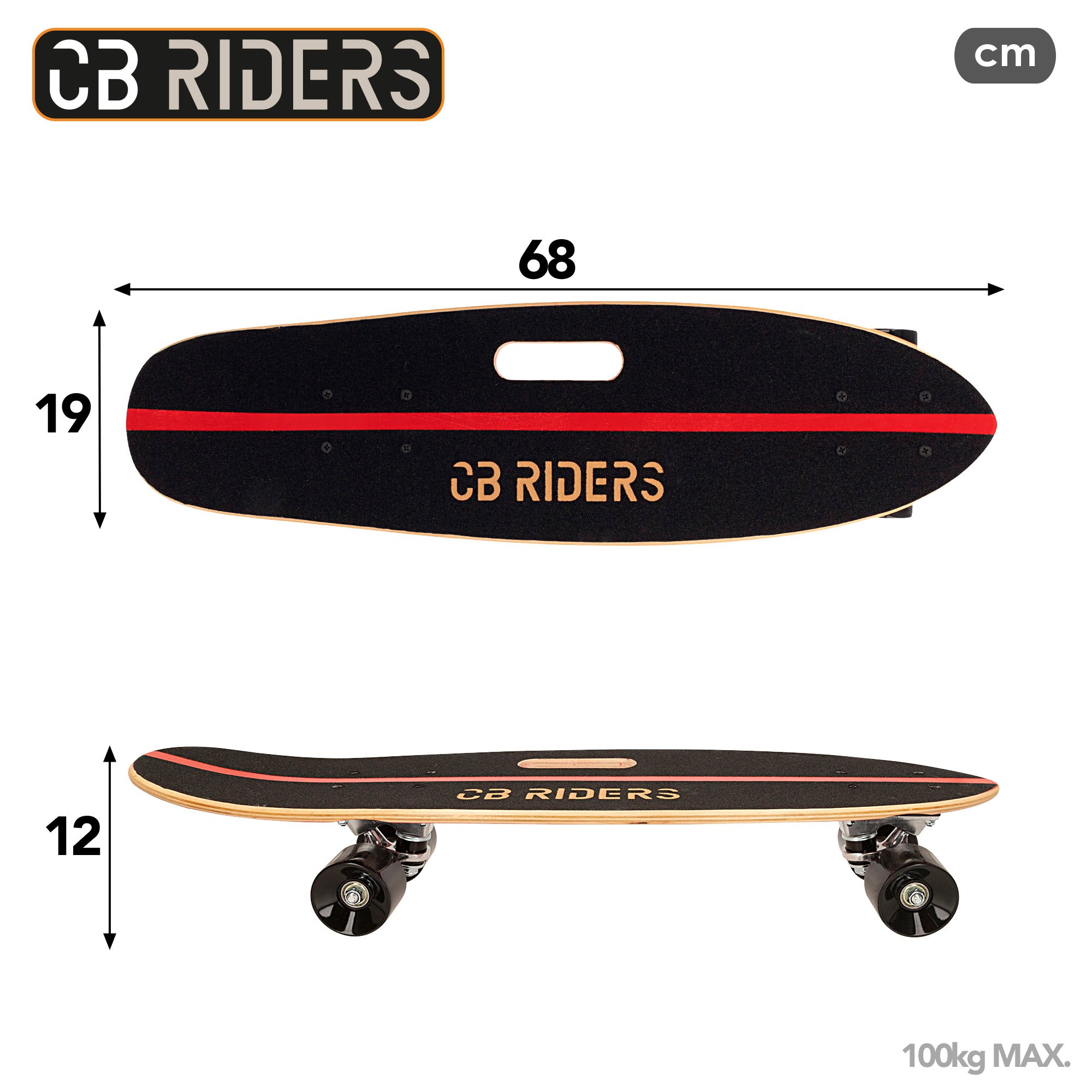 Skateboard infantil 4 ruedas negro 68 cm con asa CB Riders