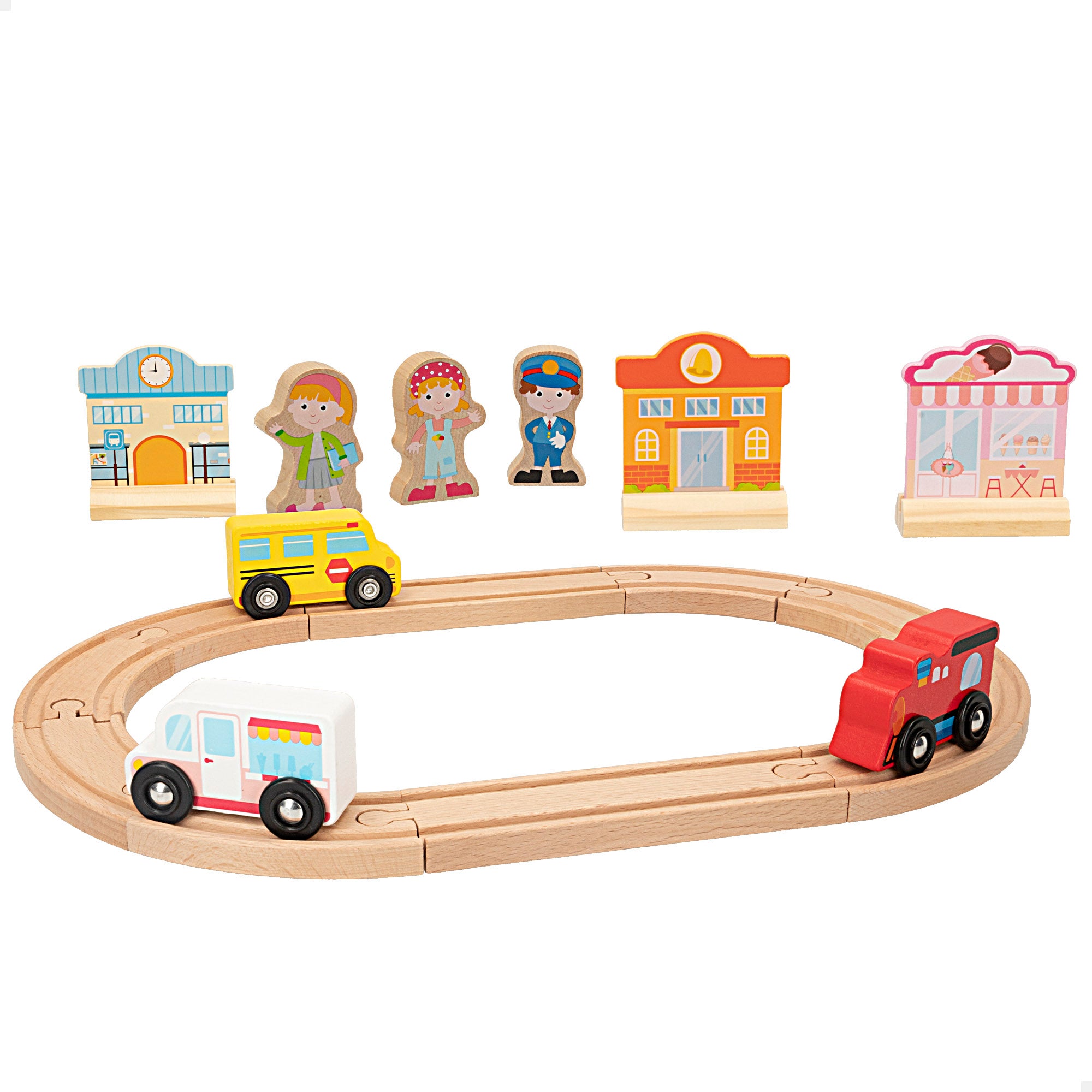 WOOMAX Playset circuito de madera con coches, edificios y personas