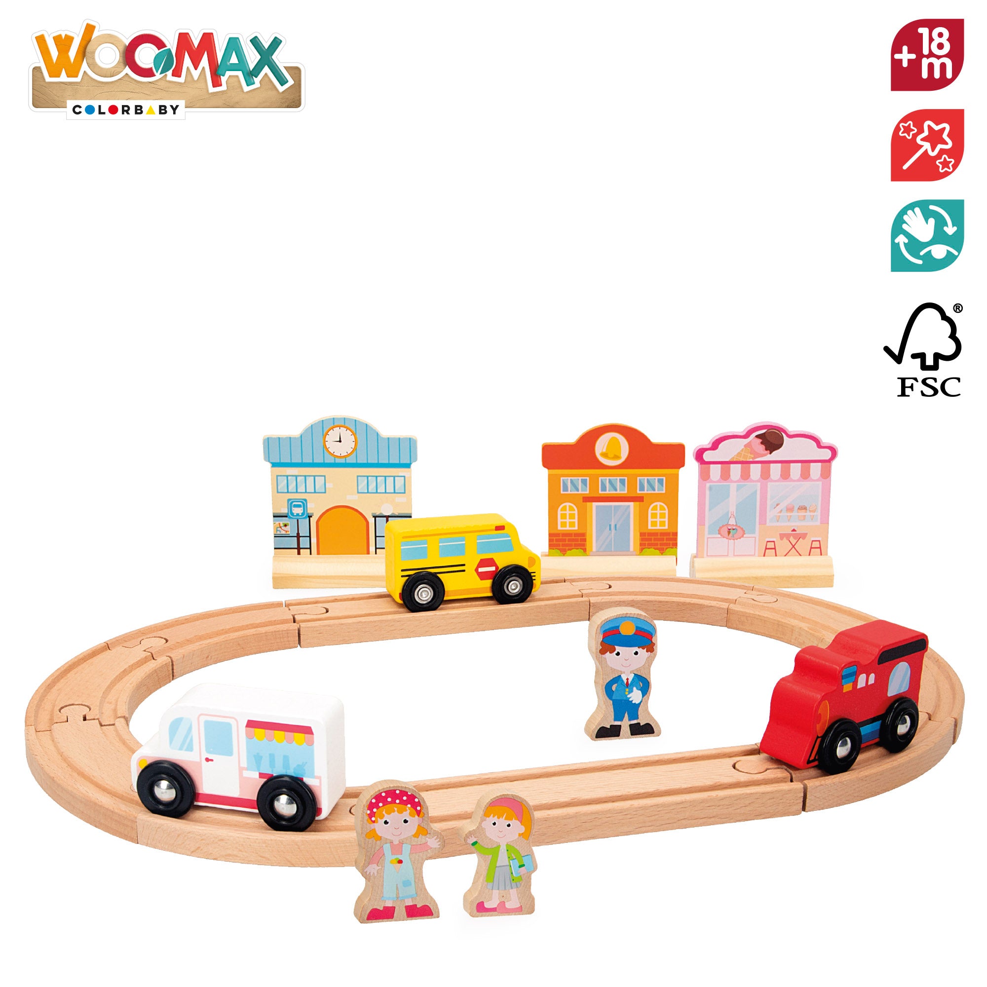 WOOMAX Playset circuito de madera con coches, edificios y personas