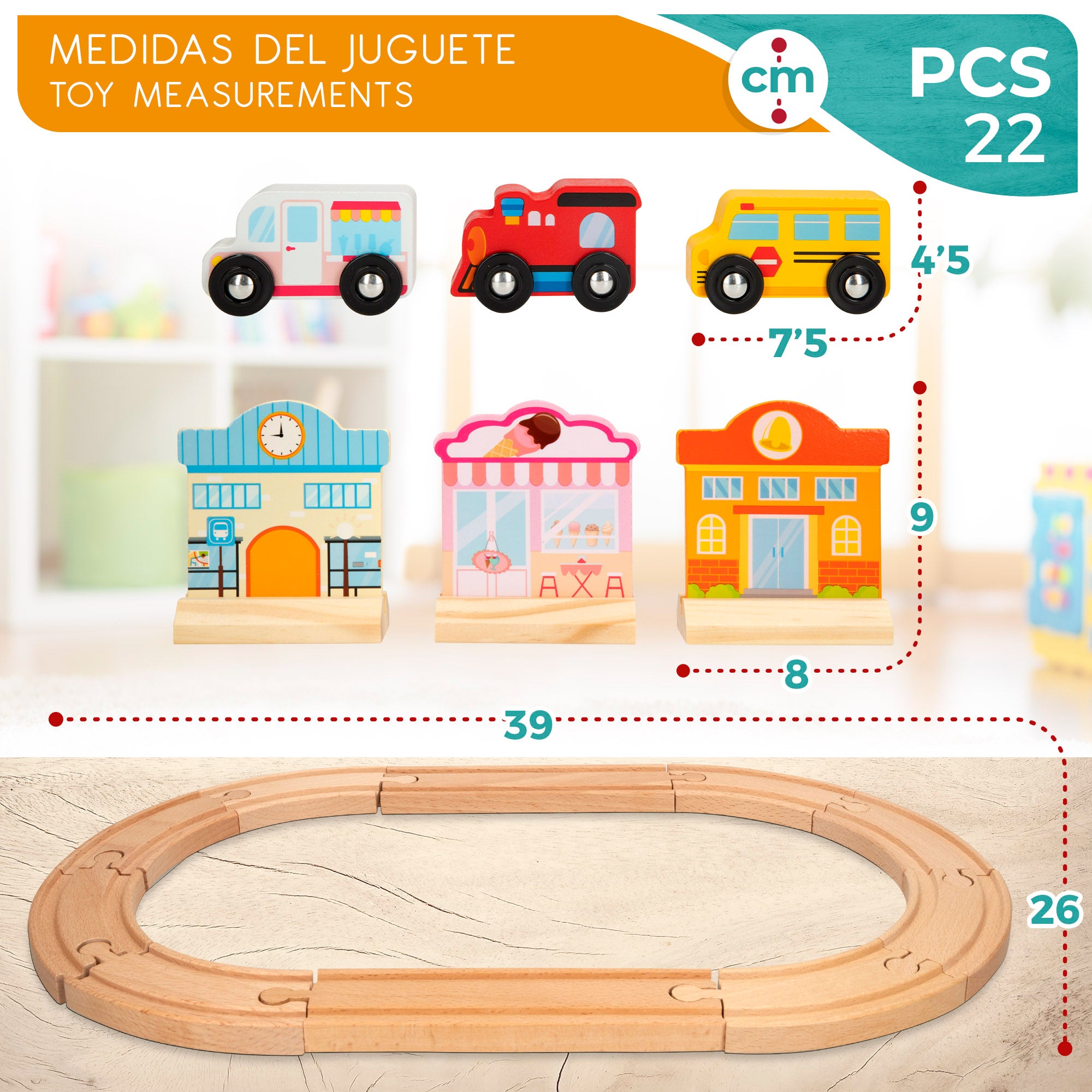 WOOMAX Playset circuito de madera con coches, edificios y personas