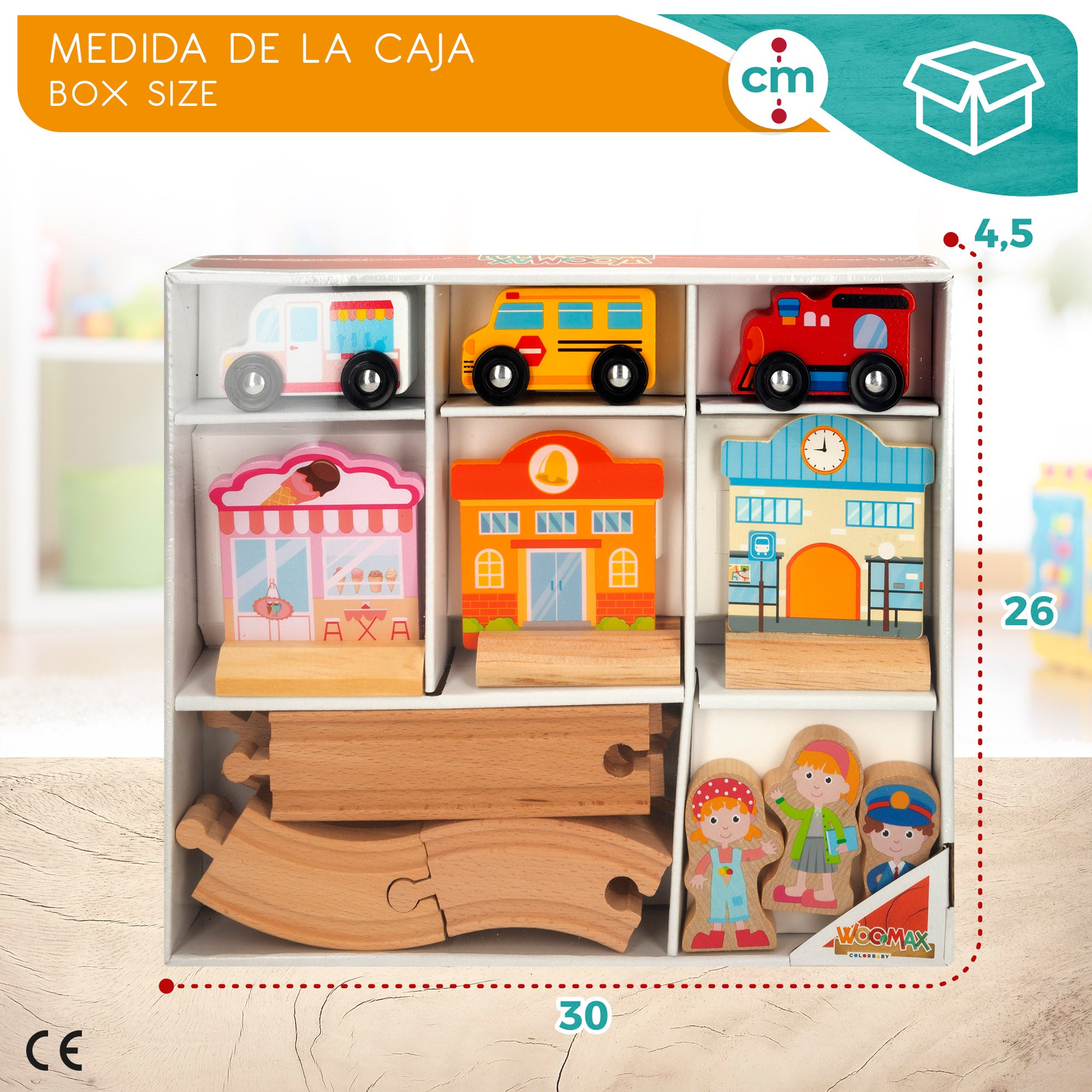 WOOMAX Playset circuito de madera con coches, edificios y personas