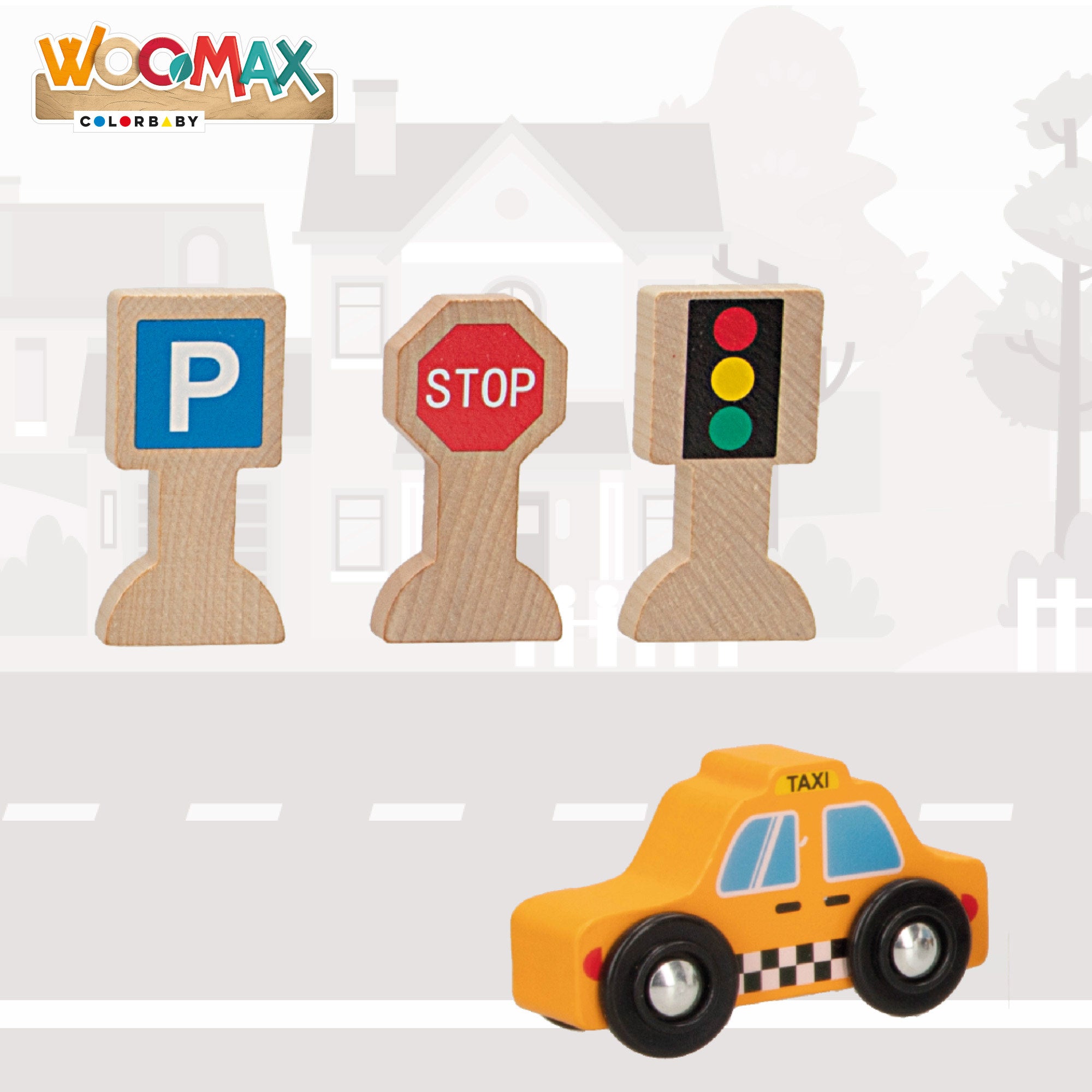 WOOMAX Set 6 vehículos y 9 señales de tráfico de madera