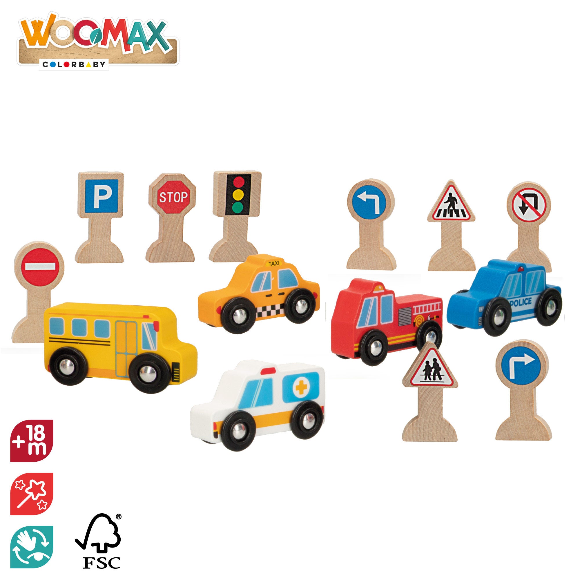 WOOMAX Set 6 vehículos y 9 señales de tráfico de madera