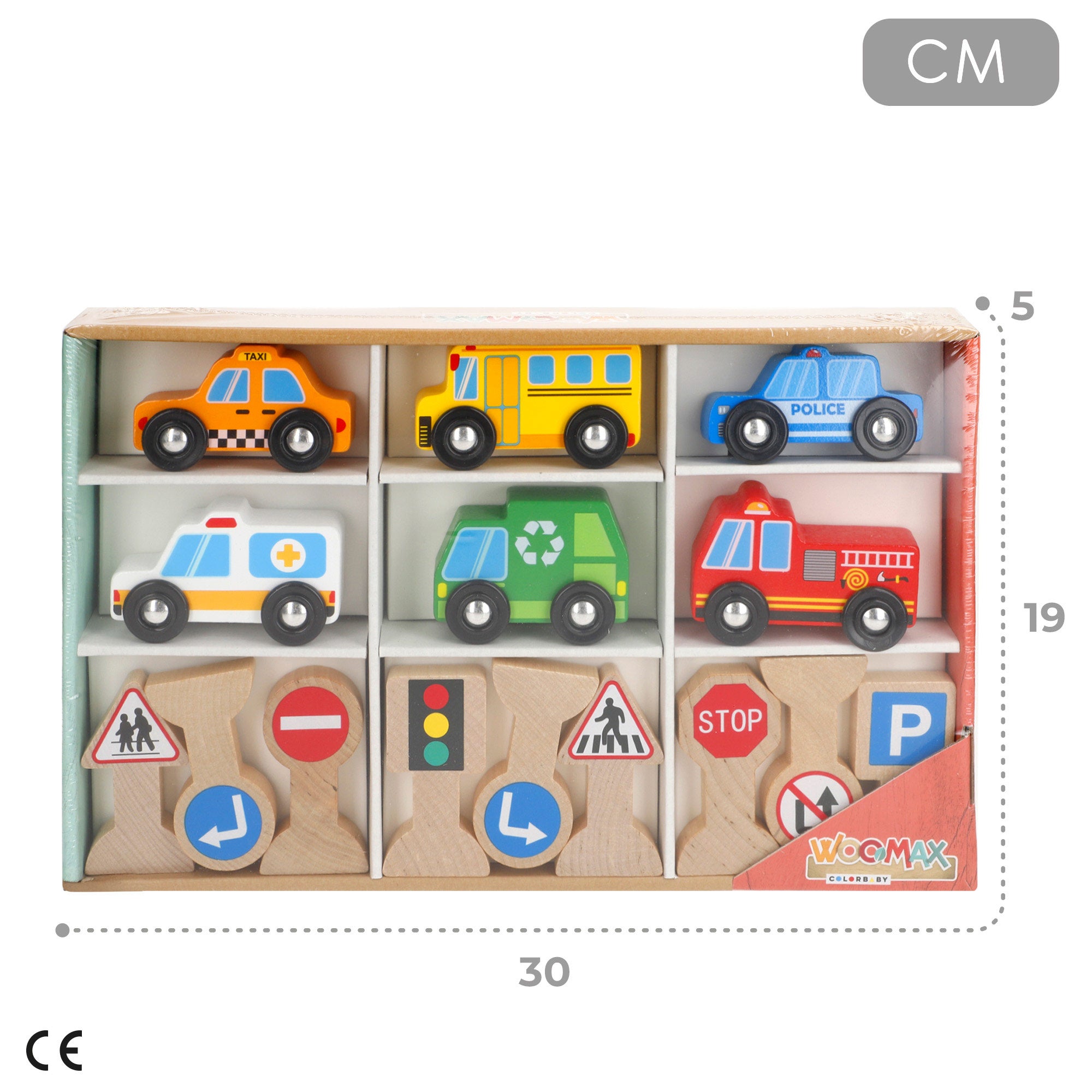 WOOMAX Set 6 vehículos y 9 señales de tráfico de madera