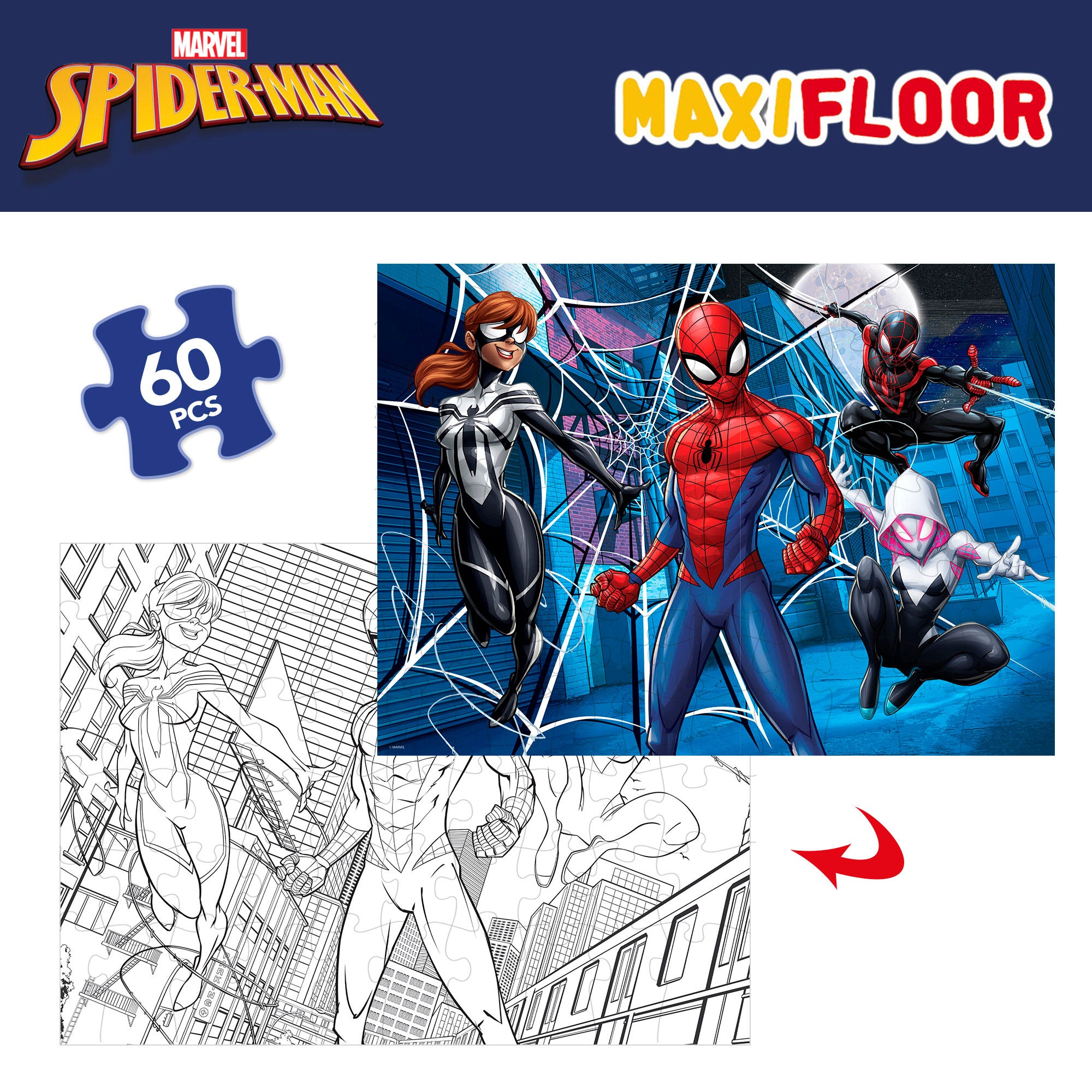 Marvel Spider-Man Puzzle doble cara para colorear 60 piezas grandes