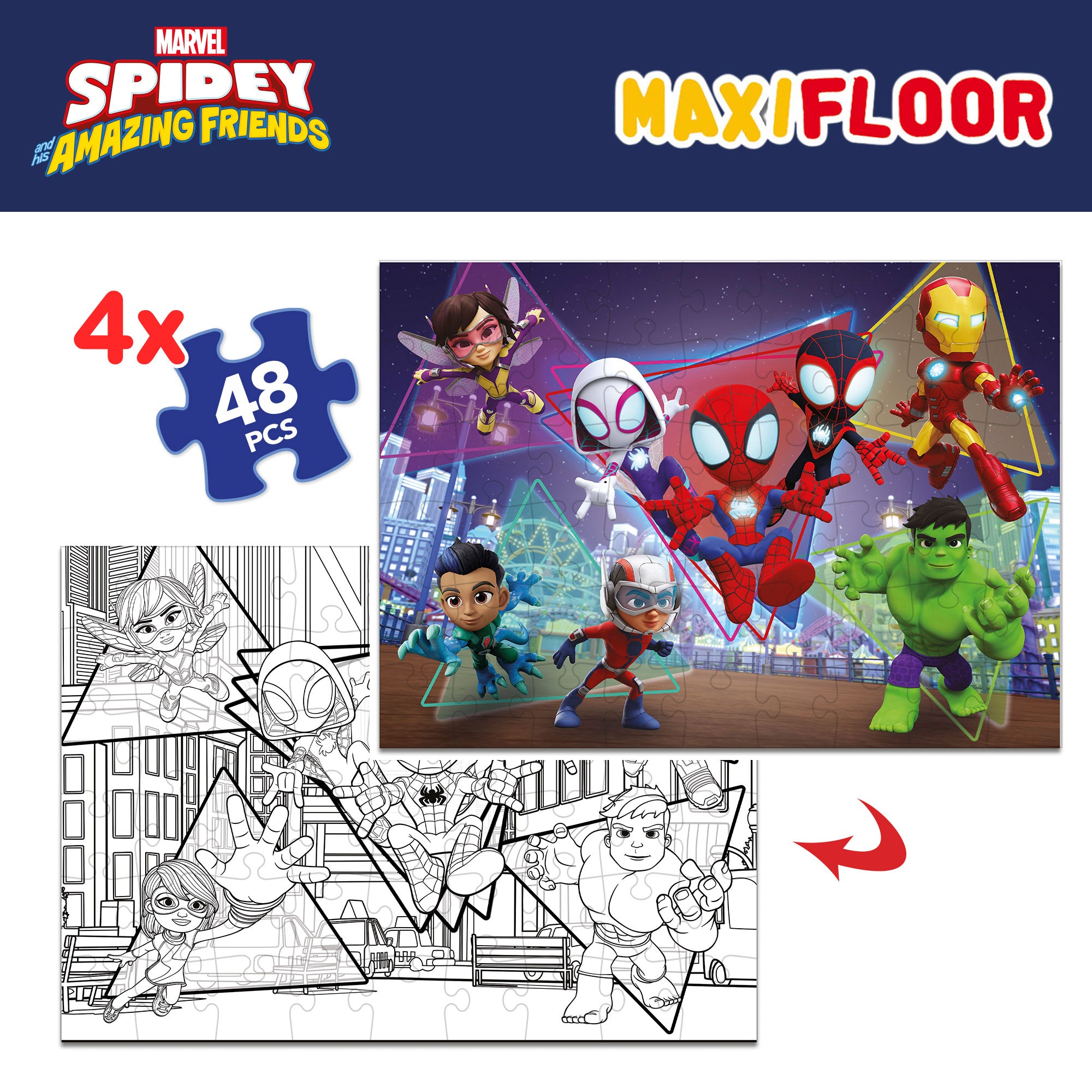 Spidey y su superequipo Pack 4 puzzles doble cara para colorear 48 piezas