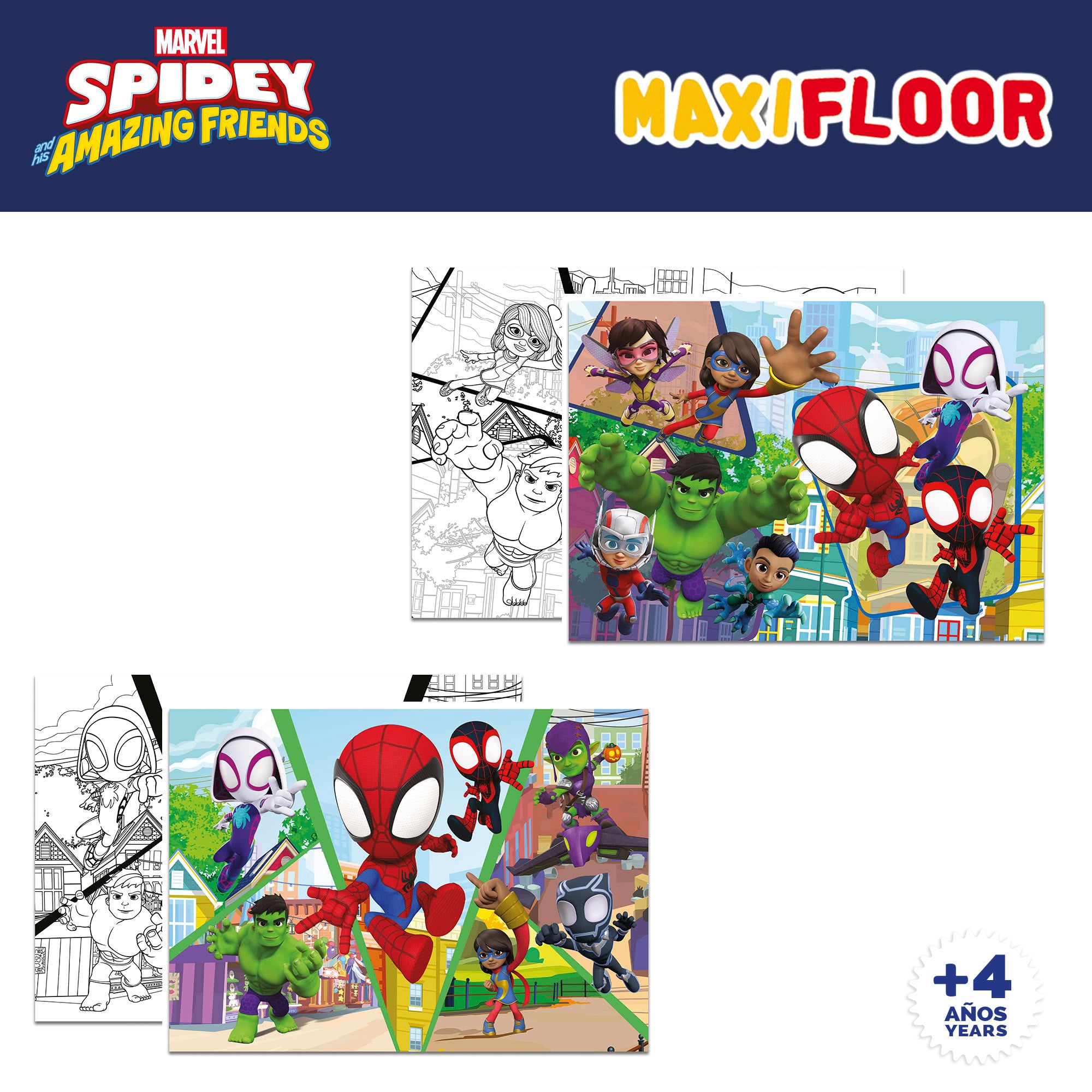 Spidey y su superequipo Pack 4 puzzles doble cara para colorear 48 piezas