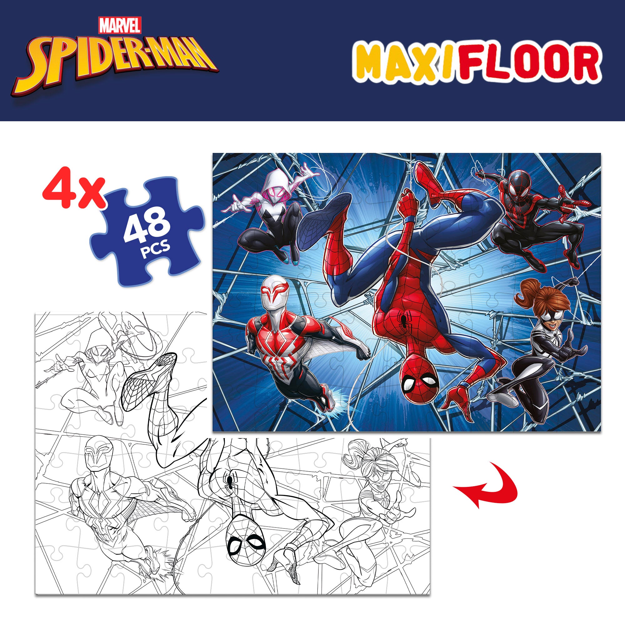 Spider-Man Pack 4 puzzles doble cara para colorear 48 piezas