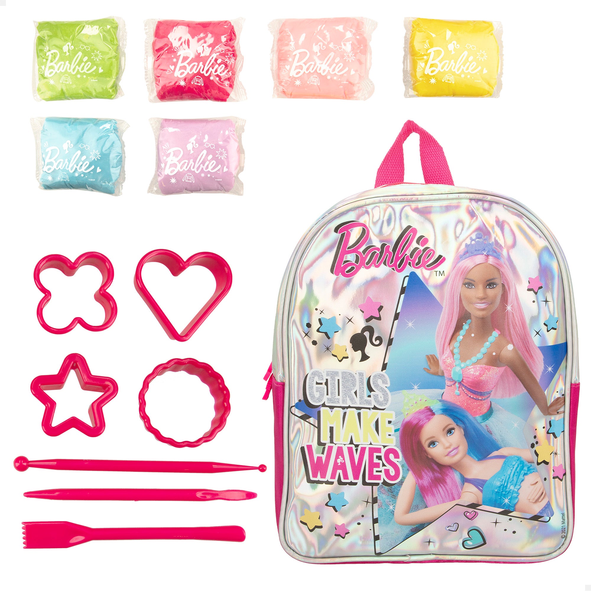 Barbie Mochila brillante y kit plastilina con moldes