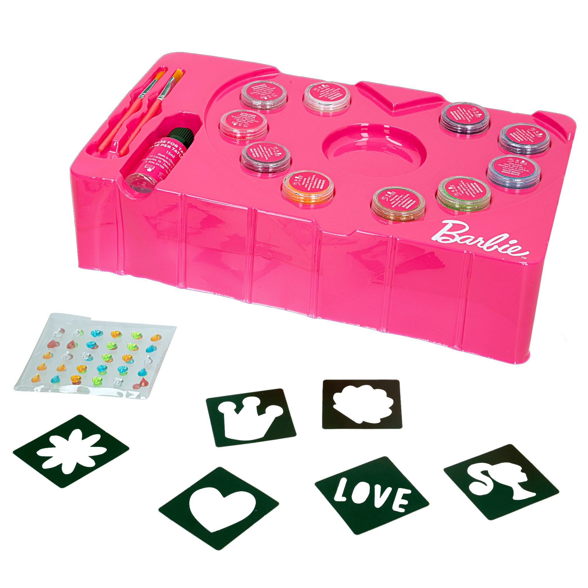 Barbie Estudio de tatuajes brillantes con plantillas y gemas adhesivas