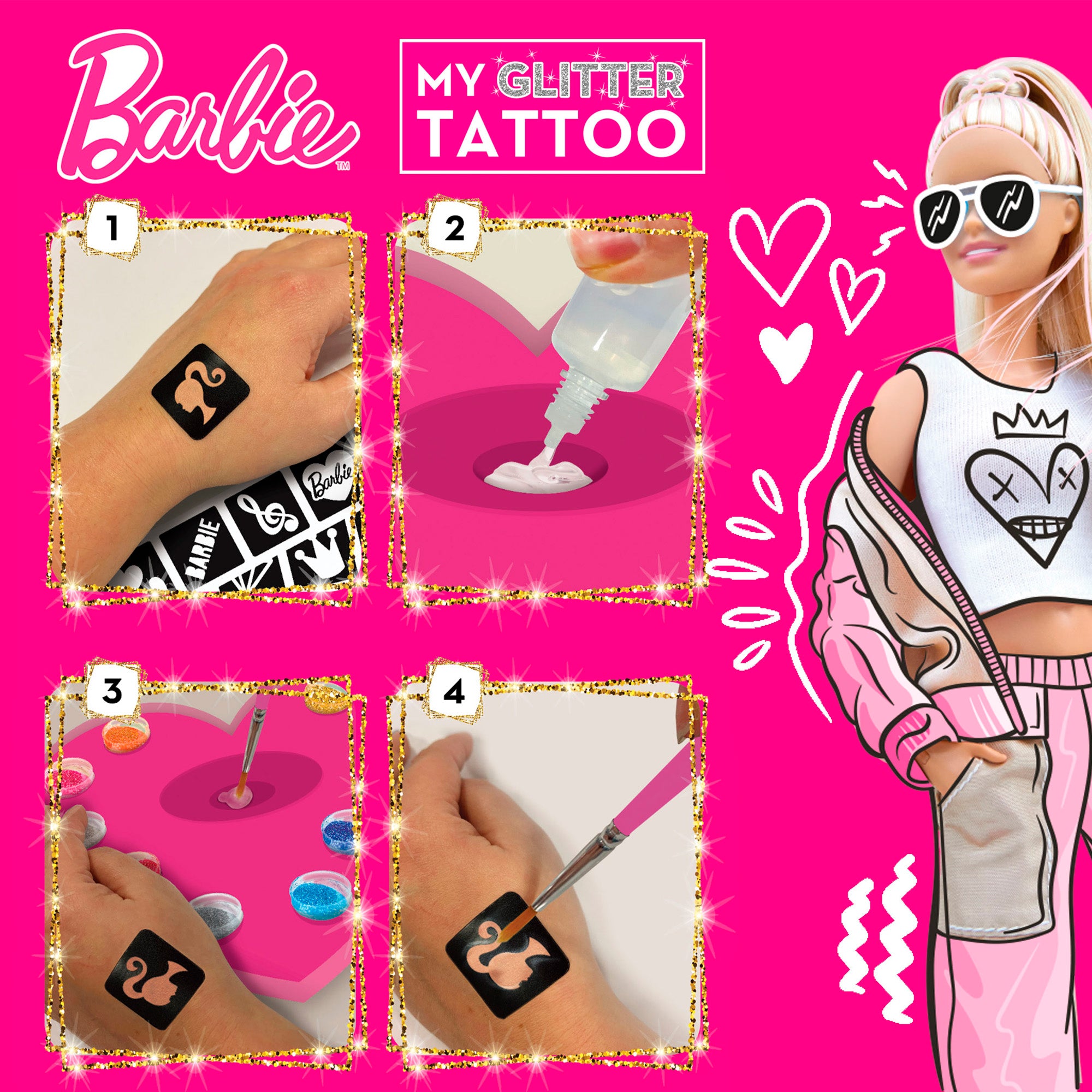 Barbie Estudio de tatuajes brillantes con plantillas y gemas adhesivas