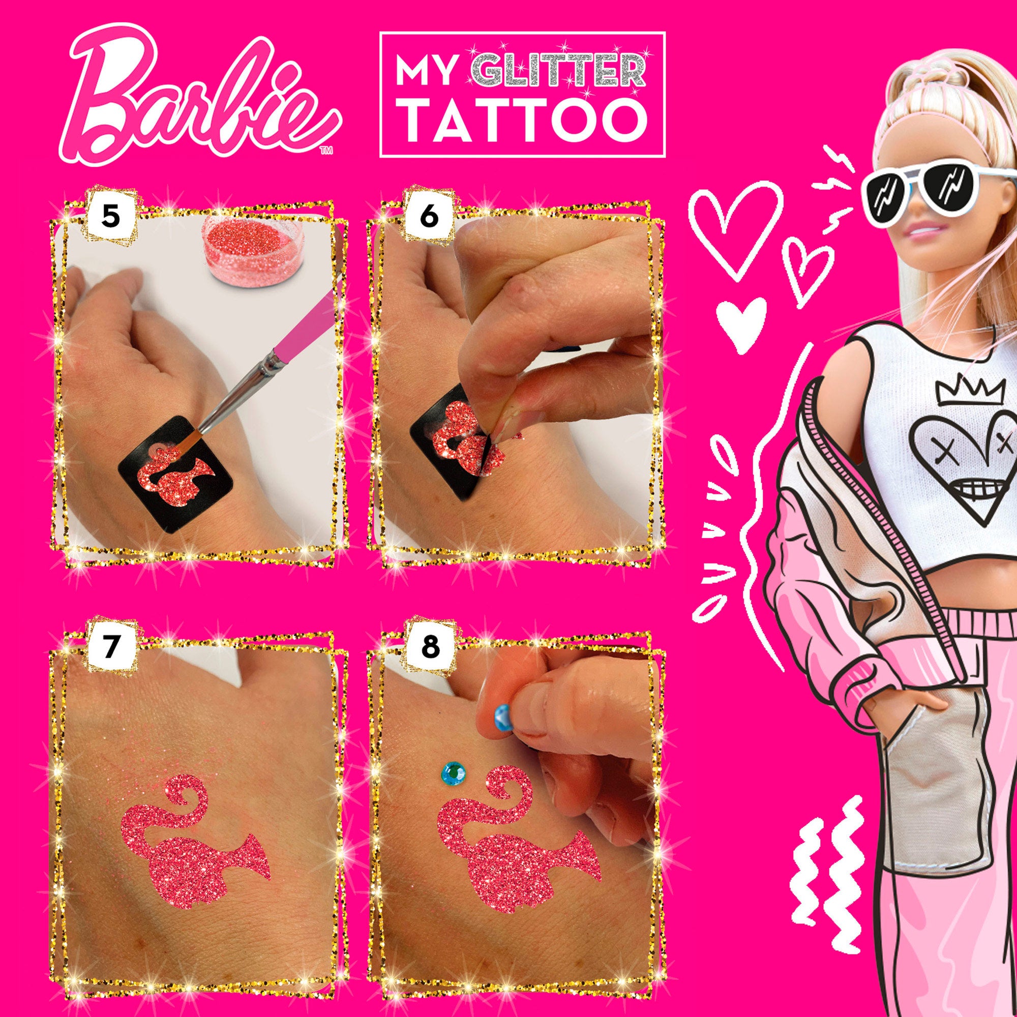 Barbie Estudio de tatuajes brillantes con plantillas y gemas adhesivas