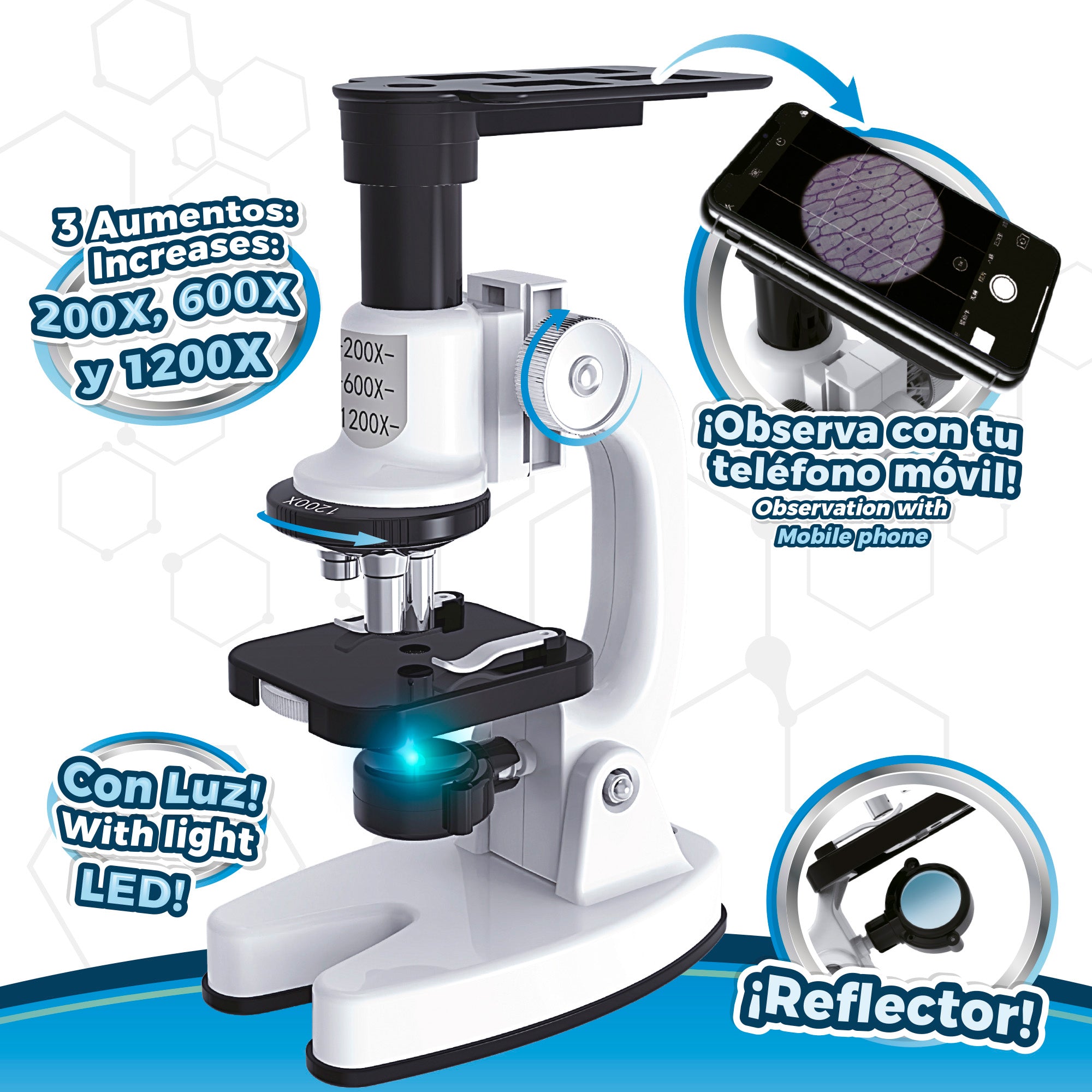Set microscopio de juguete con luz LED y soporte para móvil Smart Theory