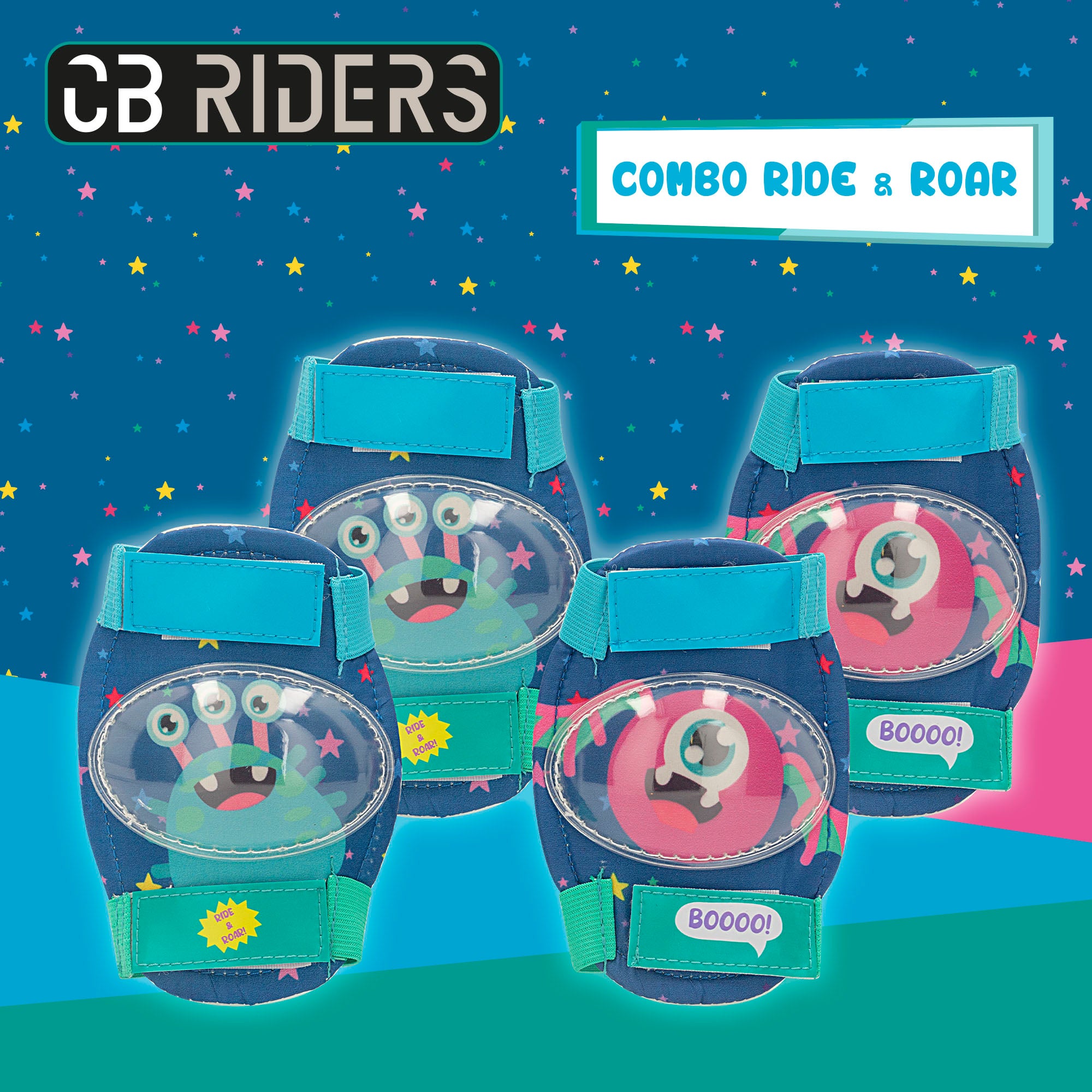 Kit protecciones patinaje infantil con casco, rodilleras y coderas de monstruos CB Riders