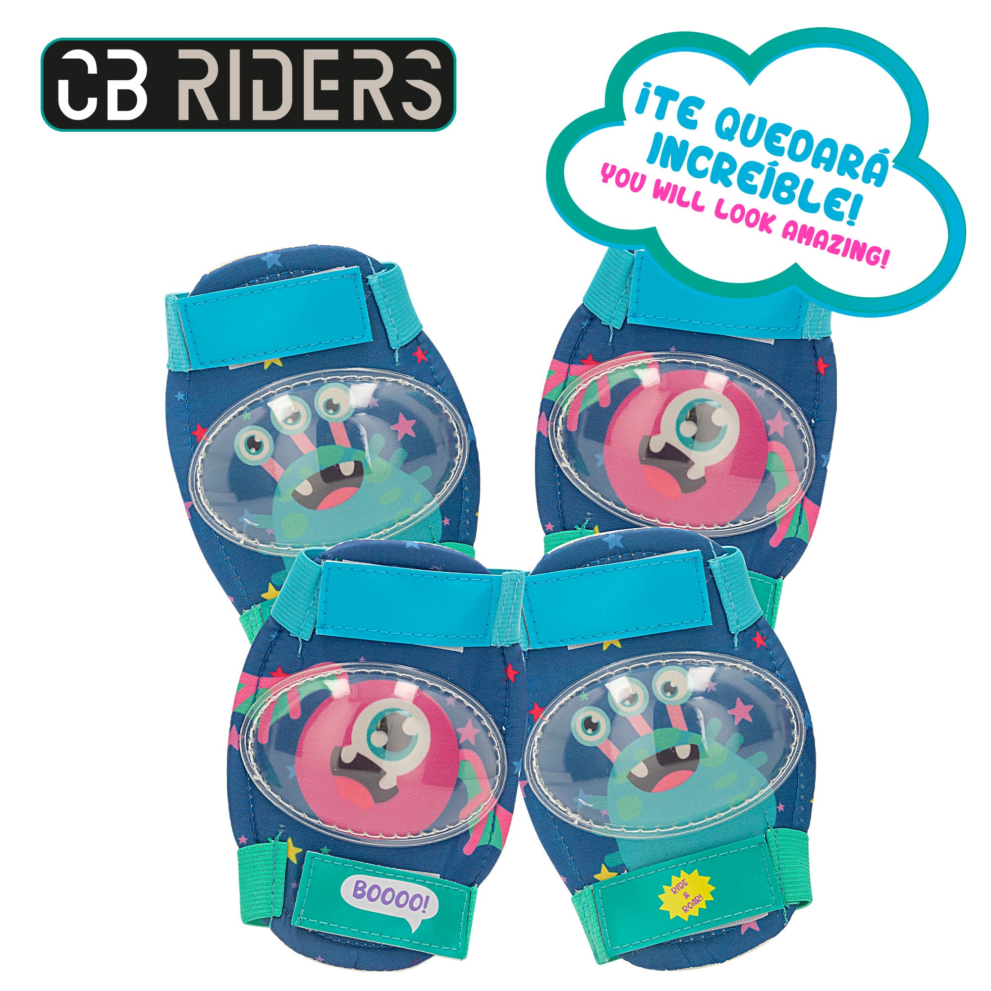 Kit protecciones patinaje infantil con casco, rodilleras y coderas de monstruos CB Riders