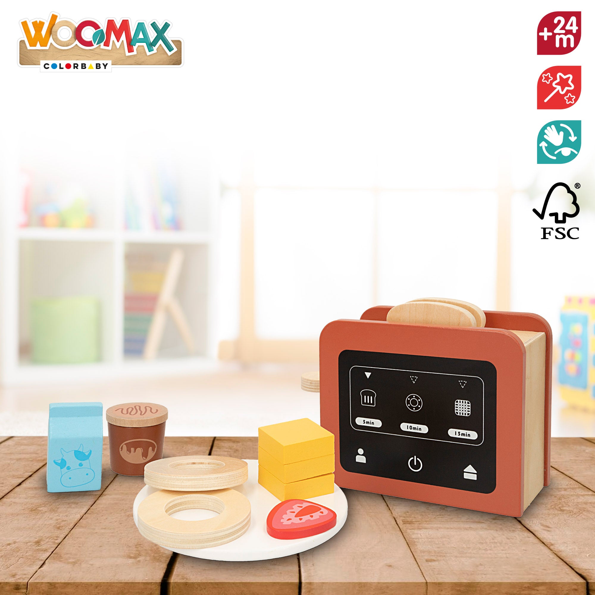 WOOMAX Tostadora de juguete de madera con 8 accesorios